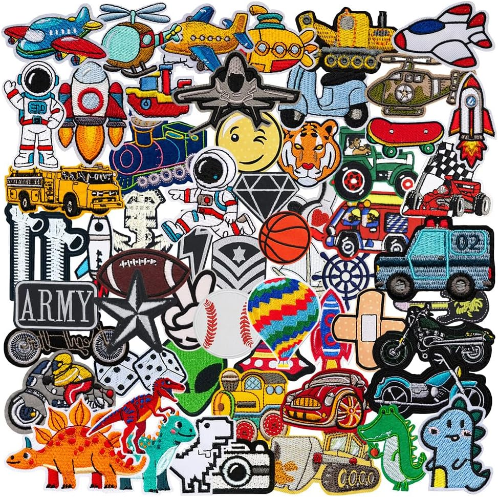 60 Pcs Random Assorted Preppy Boy's Iron on Embroidered Patches,Cute Aesthetic Boy Theme Car Dinosaur Ball Sew on Applique Patches for DIY Backpacks Pants Clothes Jeans Jackets Shirts Shoes