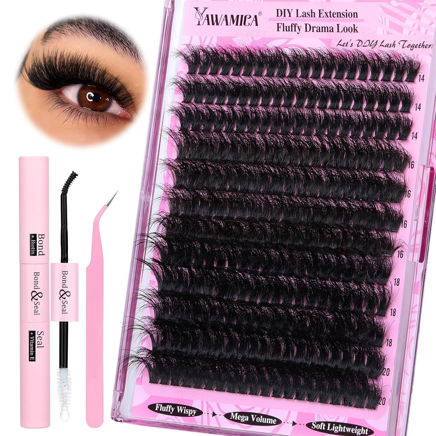 Fluffier Lash Extension Kit Thick 200D Volume Eyelash Extension Kit 14-20mm Wispy Lash Clusters Kit D Curly Individual Lashes with Bond and Seal lash Tweezers DIY Cluster Eyelash Extensions