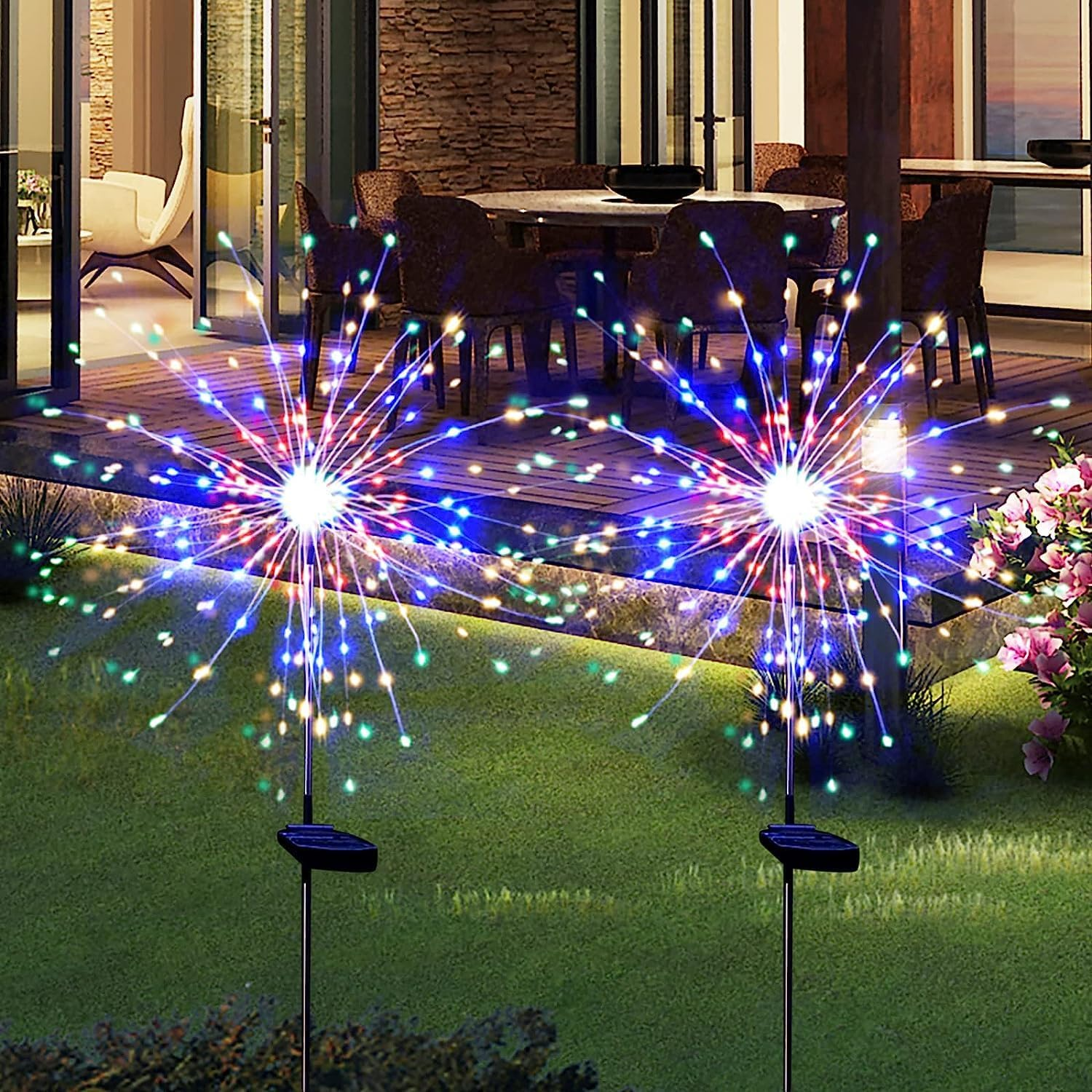 Solar Garden Lights for Outdoor Decor, Waterproof 2 Pack Solar Powered Firework Stake 120 LED Sparklers String Lights for Yard Pathway 4Th of July Decorations(Colorful)