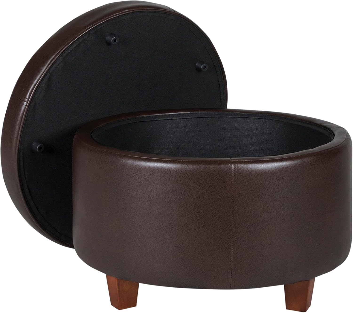 round Leatherette Storage Ottoman with Lid, Chocolate Brown Large