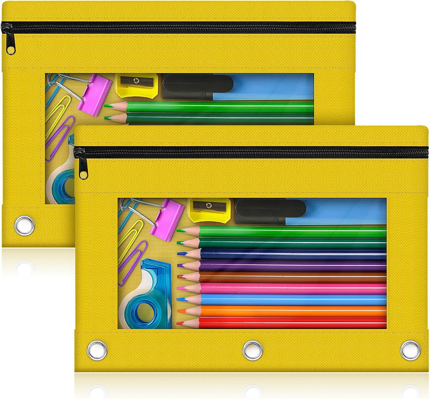Pencil Pouch for 3 Ring Binder, 2 Pack Pencil Bags with Zipper, Yellow Pencil Case for Classroom School Office Supplies, Large Sturdy and Durable Cloth Pencil Pocket for 3 Holder Binder