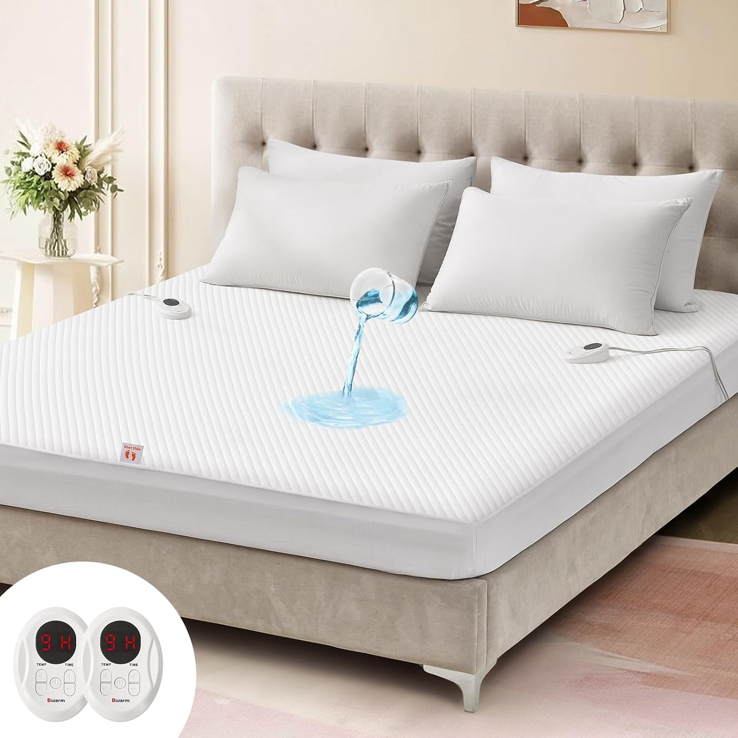 Bwarm Waterproof Heated Mattress Pad, ETL Certified Bed Warmer with Memory Function 9 Heat Settings, 1-12 Hours Auto off Deep Pocket, Machine Washable, White CA King