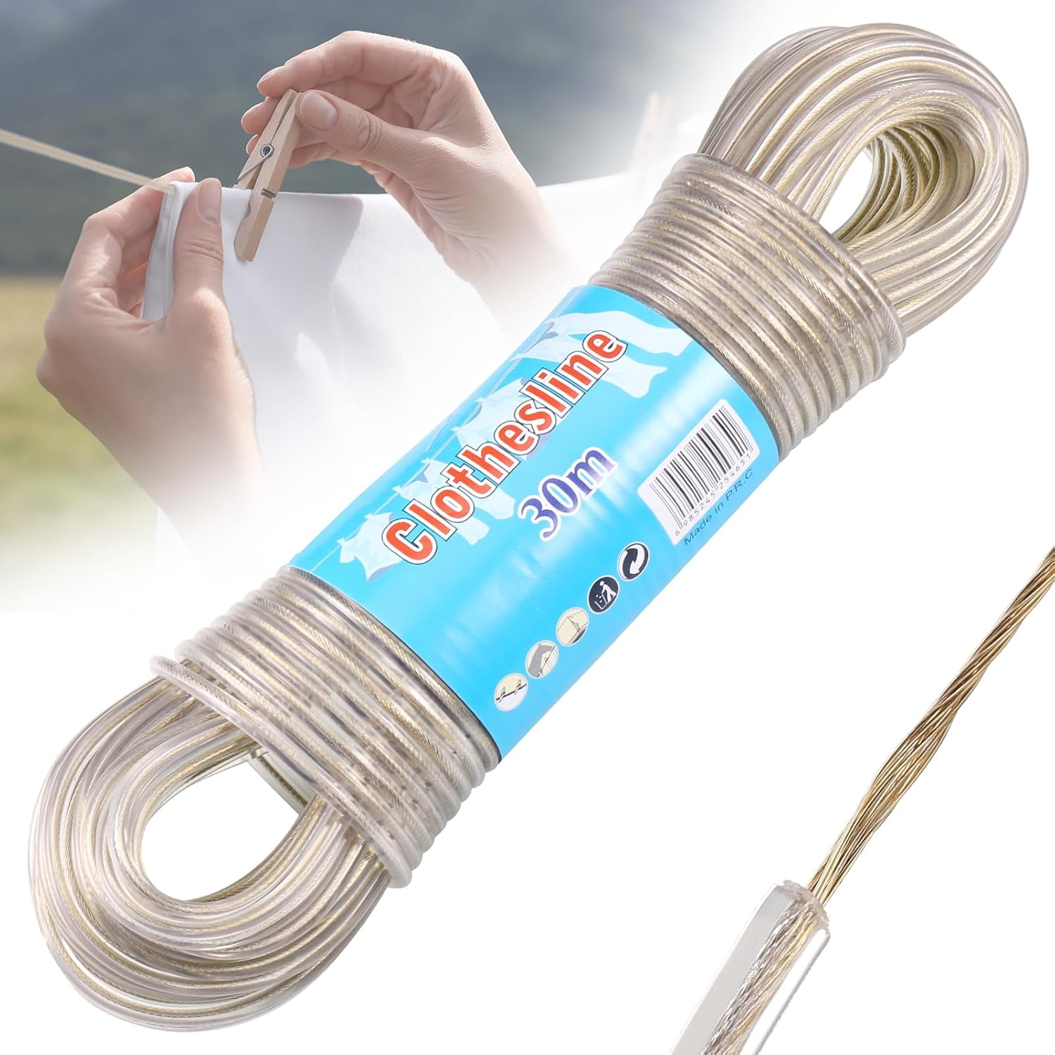 30M Washing Line Rope, Heavy Duty Clothes Line Steel Core, Strong String 4Mm Dia Clotheslines, Long Clothes Lines for outside Garden Travel, Rustproof and Waterproof Washing Lines, 120Kg LC