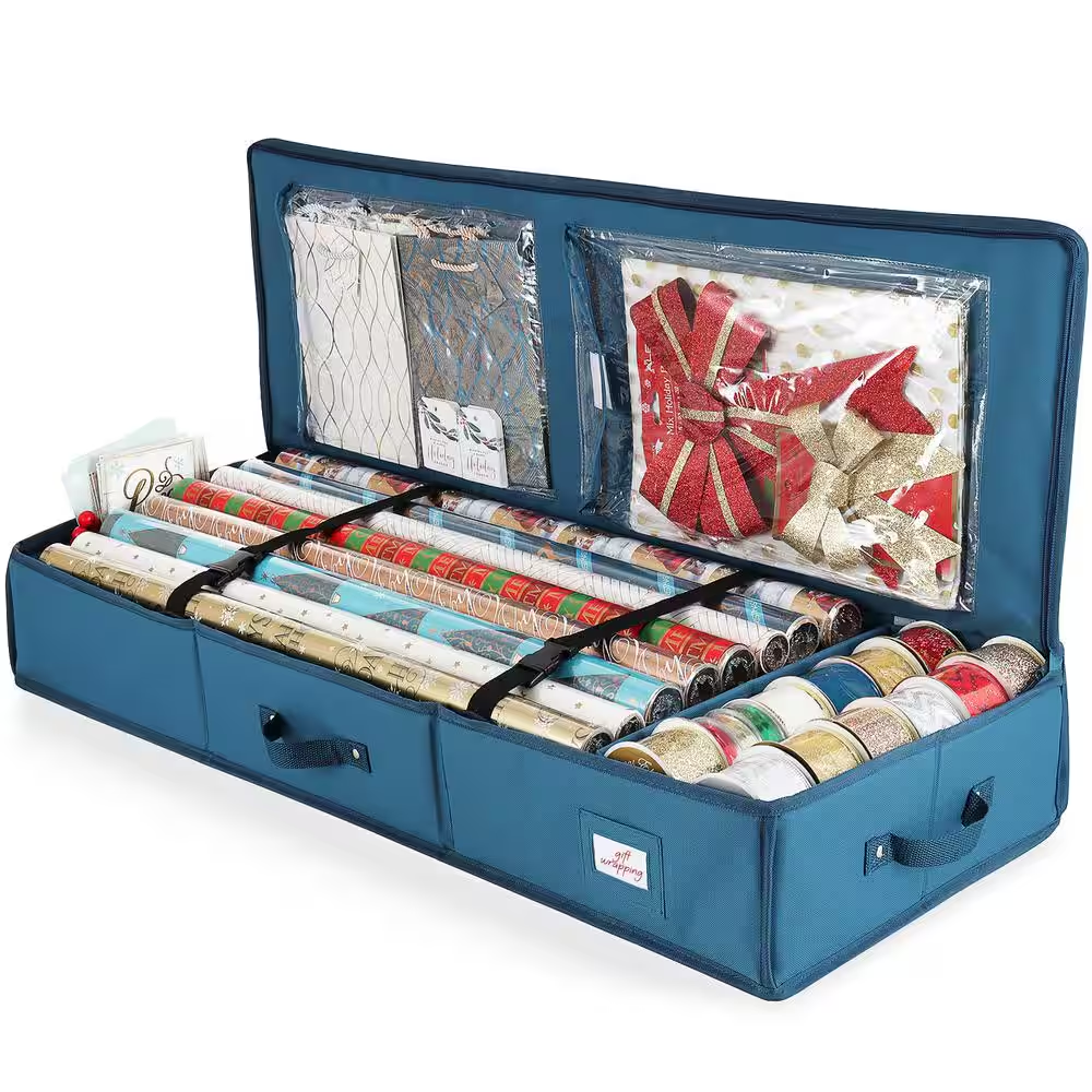 Christmas Wrapping Paper Storage Organizer Box 40.5 In. Luxury Blue Polyester Fabric