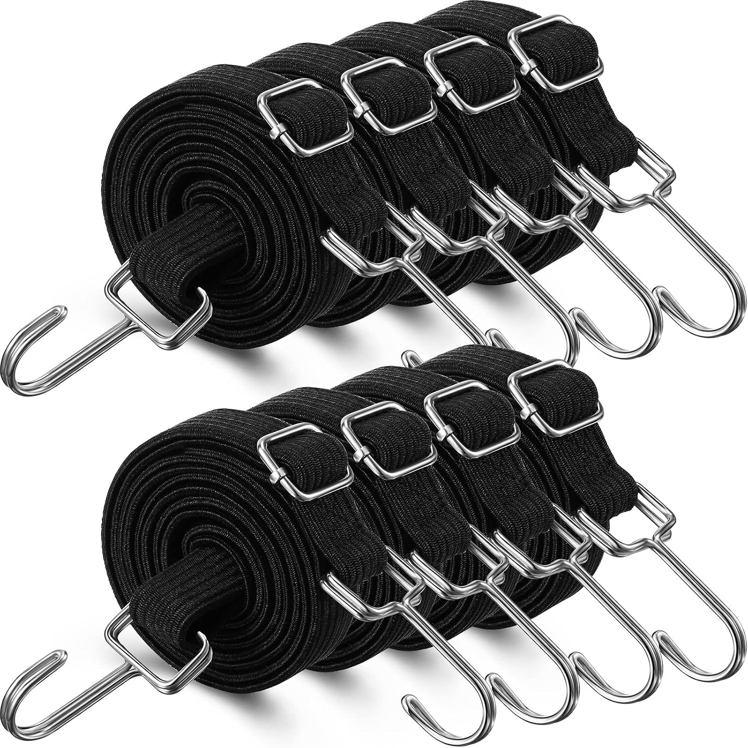 8 Pcs 80 Inch Adjustable Flat Bungee Cords with Hook Heavy Duty Elasticity Long Bungee Straps 1 Inch Width Latex Straps anti Rust Metal Buckle Luggage Rope (Black)