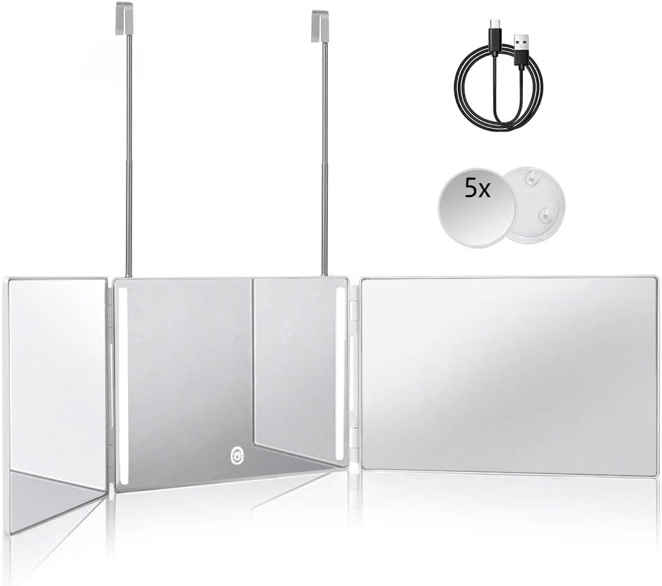 3 Way 360 Trifold Mirror with LED, Height Adjustable Telescoping Hooks,And 5X Magnification for Makeup,Hair Cutting/Styling (White)