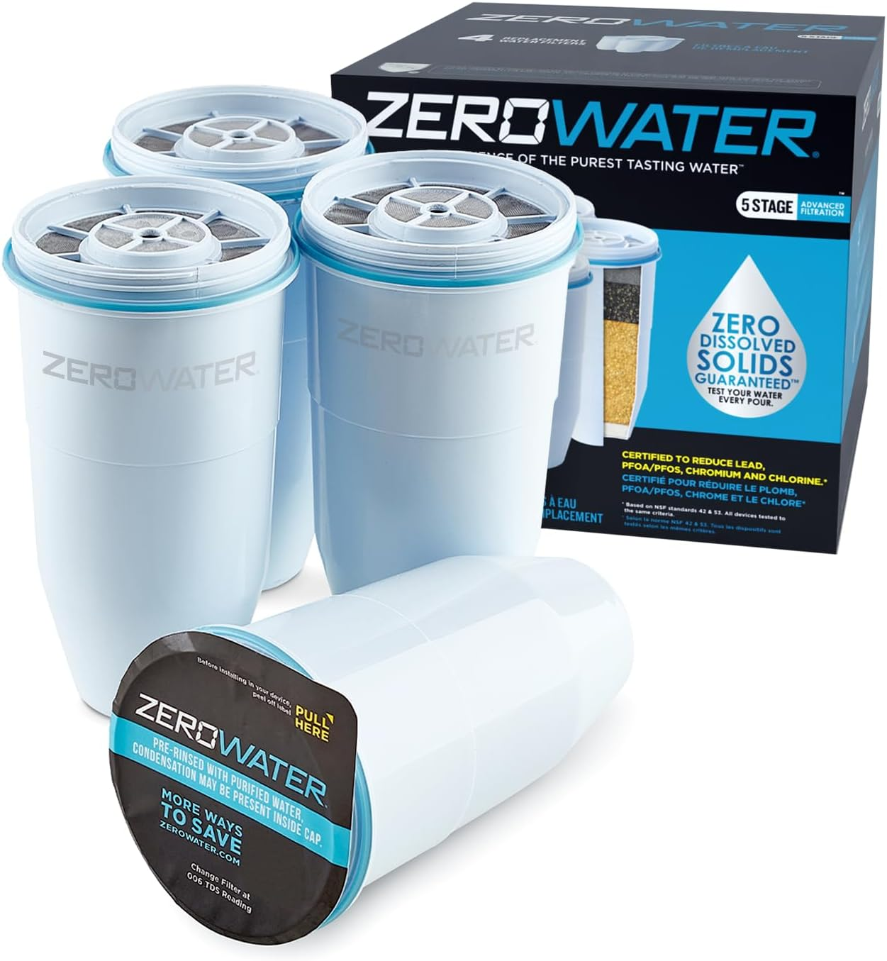 Culligan Zerowater Official Replacement Filter - 5-Stage 0 TDS Filter Replacement - System IAPMO Certified to Reduce Lead, Chromium, and PFOA/PFOS, 4-Pack