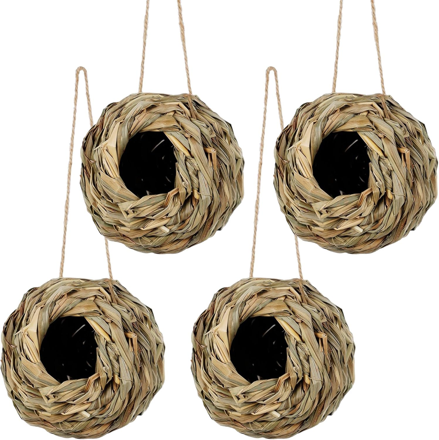 4 Pack Hanging Bird Nest House for Outside, Ball Shape, Hand Woven, Durable Sturdy, Made of Natural Grass, Perfect for Garden Patio Lawn Office Indoor
