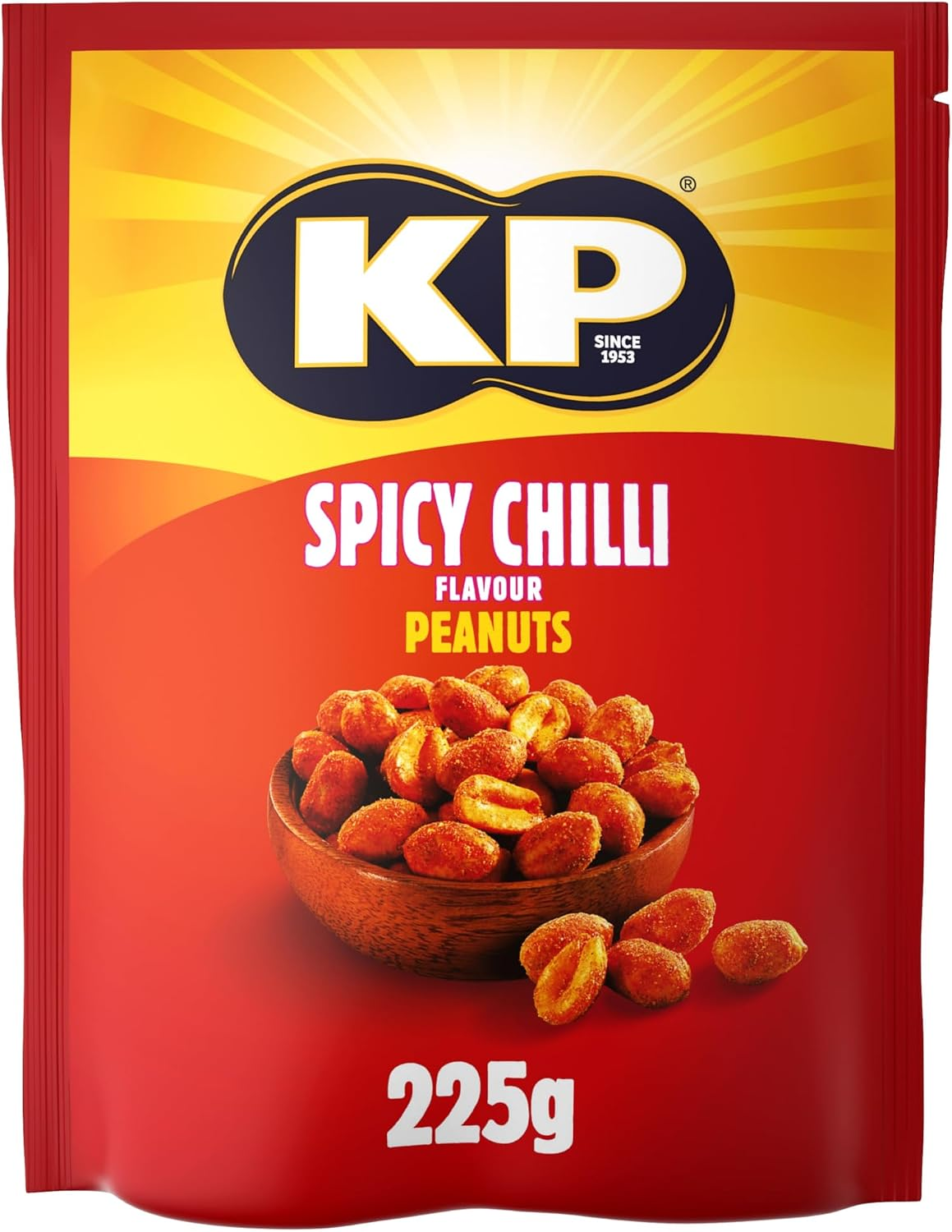 KP Nuts SPICY CHILLI Flavour Peanuts 225g Pack - Roasted until golden for the perfect KP taste and crunch. Source of protein and high in fibre.