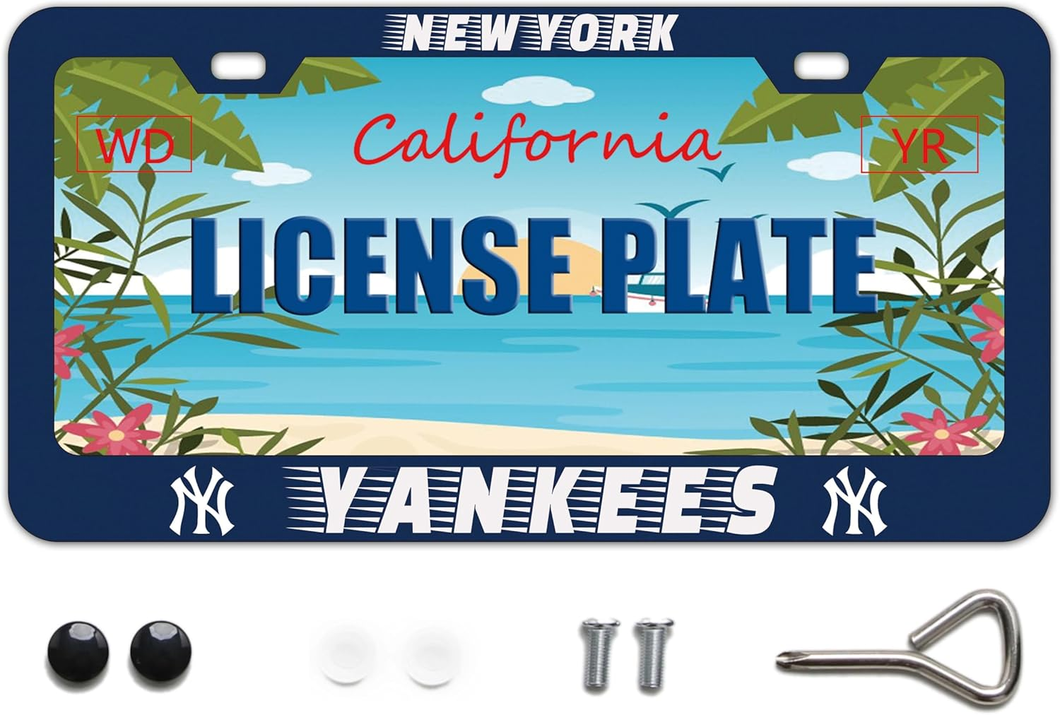 Yankees Design License Plate Frame Durable New York Baseball Team Decorative Stainless Steel Car License Plate Cover for Men Women Fans 12 X 6 Inch