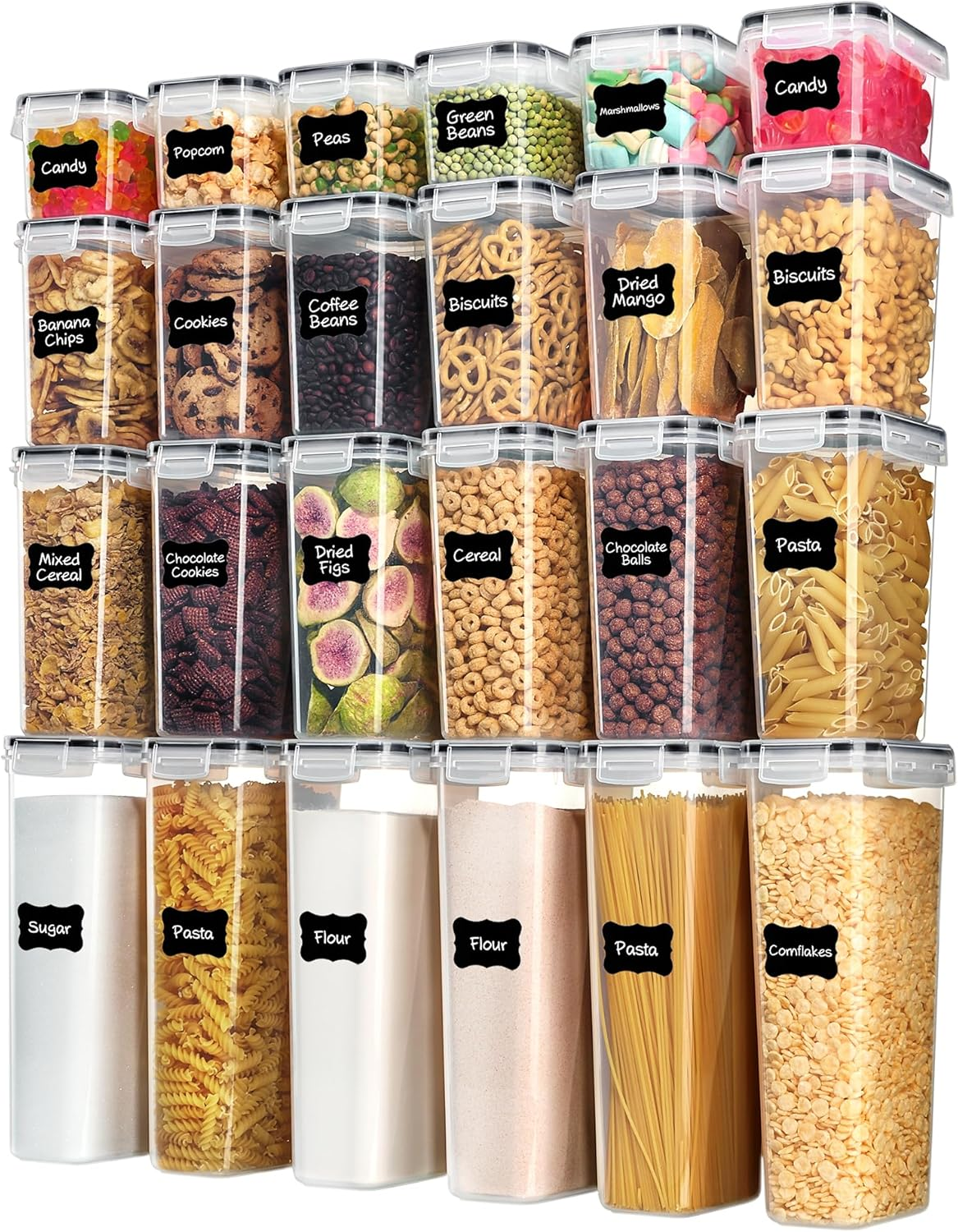Airtight Food Storage Containers with Lids, 24 Pcs Plastic Kitchen and Pantry Organization Canisters for Cereal, Dry Food, Flour and Sugar, BPA Free, Includes 24 Labels,Black