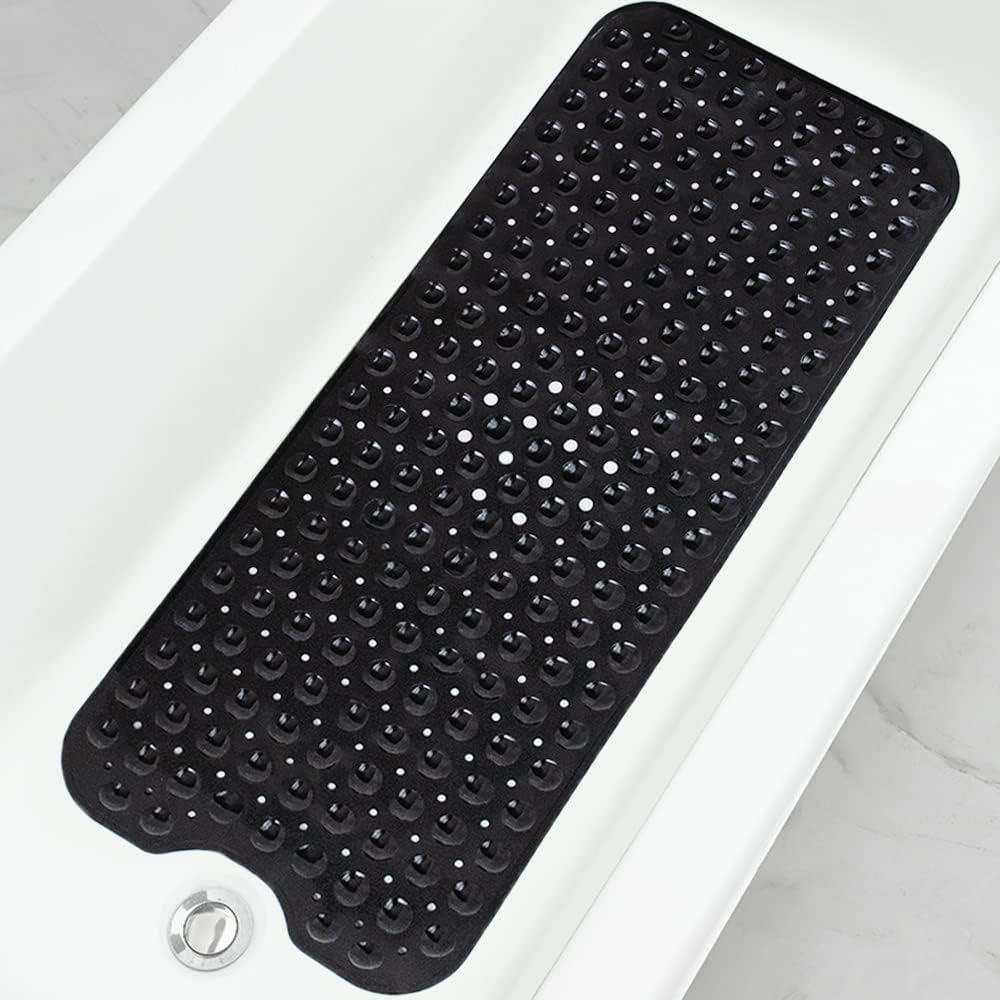 Bathtub and Shower Mats, Extra Long Non-Slip Bath Mat 39 X 16 Inch, Machine Washable Bath Tub Mat with Suction Cups & Drain Holes for Bathroom, Black