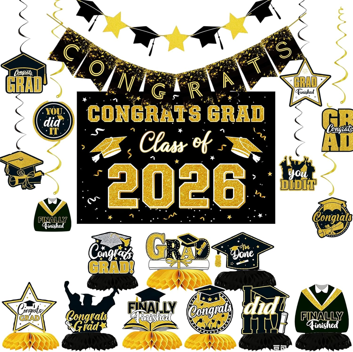 19Pcs Graduation Decorations ,2026 Graduation Party Decorations Kit with Graduation Banner, 8Pcs Hanging Ornaments, 9Pcs Honeycomb Decorations & Poster - Perfect for Graduation Celebrations
