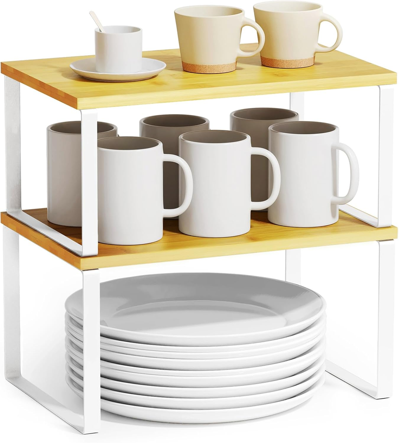 Cabinet Shelf Organizers 2 Pack, Kitchen Counter Rack Shelves Riser, Stackable Expandable Spice Rack, Pantry Cupboard Storage Organization (White and Natural, Short)