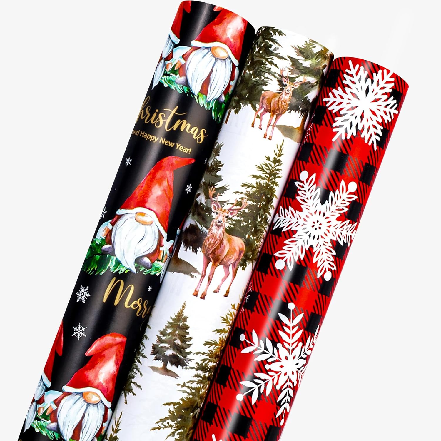 Festive Christmas Wrapping Paper - 17Inch X 10Feet per Roll - Fairy Forest Deer Gnome Holiday Christmas Snowflake Thick Rolled Gift Wrap for Winter, Holiday, Party and Celebrations
