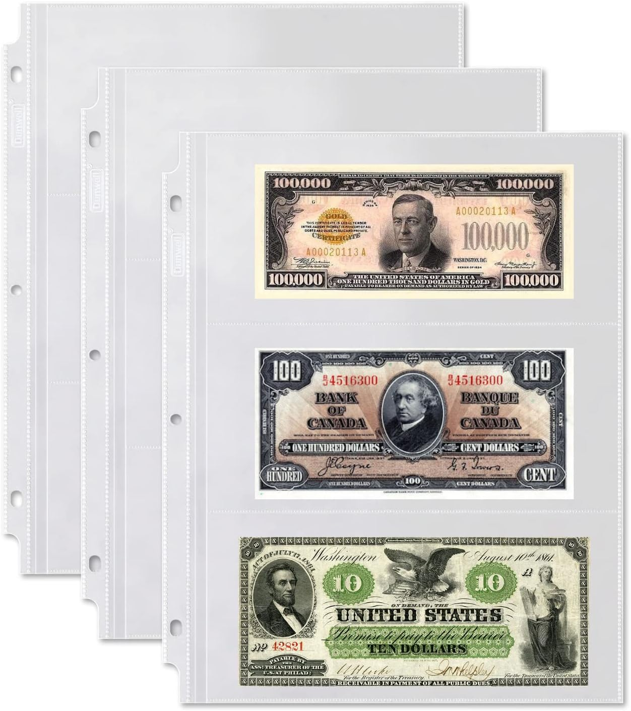 Dunwell Binder Currency Sleeves for Collectors - (25 Pack), Acid-Free 3-Pocket Clear Plastic Refill Pages for Currency Collection Album, 3-Ring Binder Sheet Protectors for Bills, Banknotes or Coupons