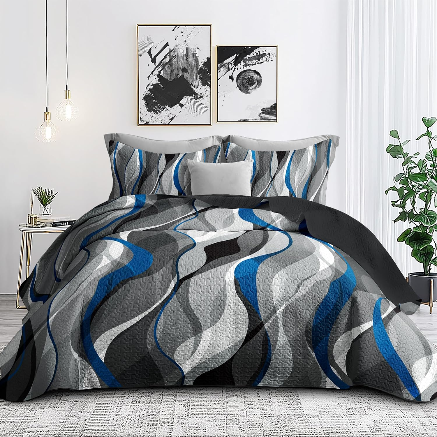3 Piece Black Blue Full Queen Quilt Striped Reversible Bedding Set