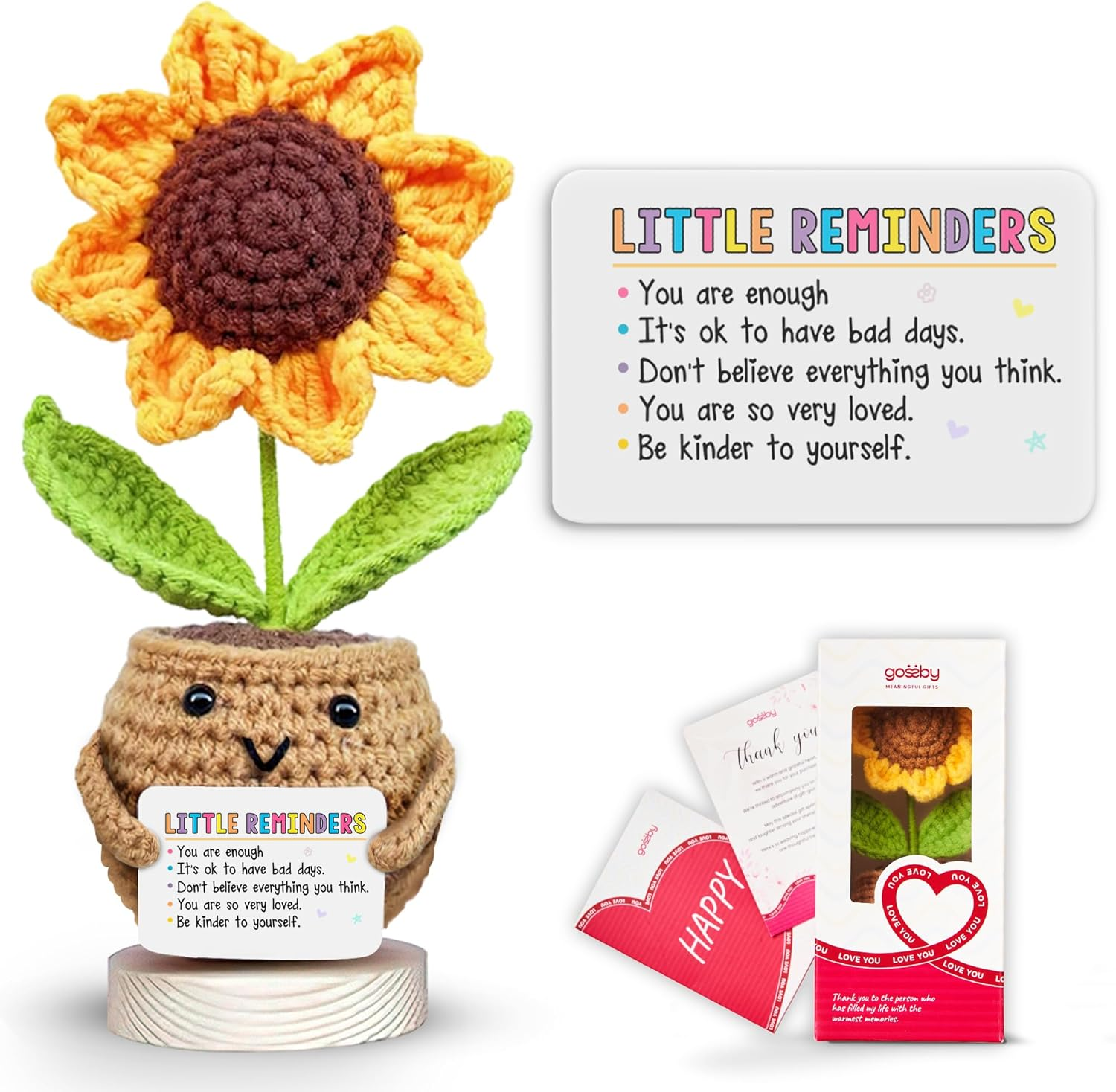Handmade Positive Sunflower Crochet with Message - Little Reminder You are Enough - Inspirational Gift for Women - Positive Energy, Apreciation, Farewell, Retirement, Goodbye Gift for Coworker