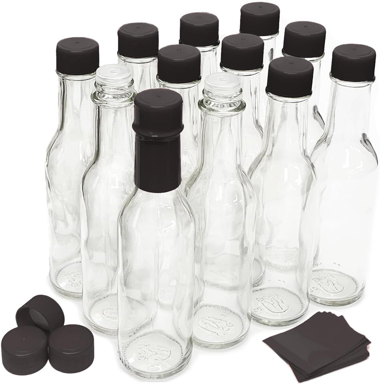 Nicebottles Hot Sauce Bottles with Black Caps & Shrink Bands, 5 Oz - 12 Pack