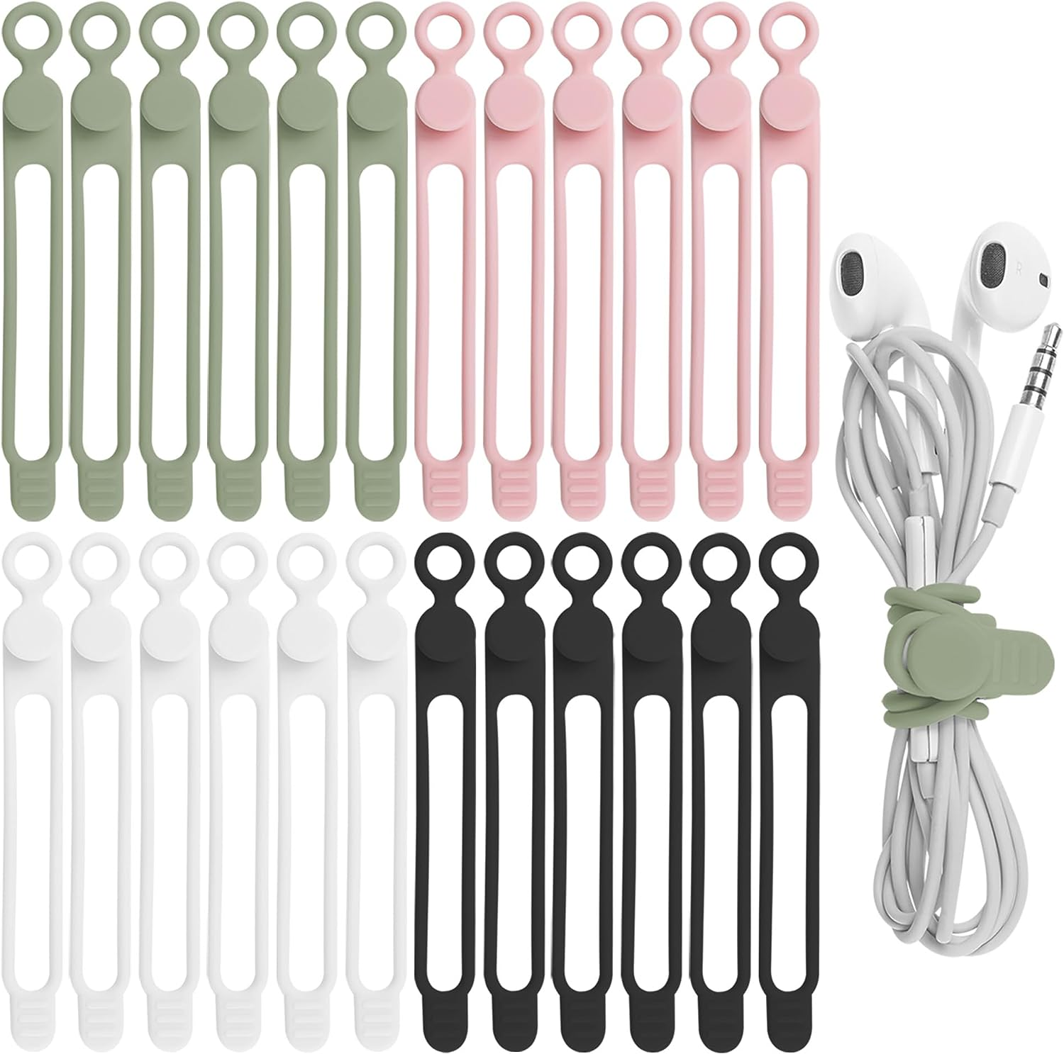24Pcs Silicone Cable Straps Wire Organizer for Earphone, Phone Charger, Mouse, Audio, Computer, Reusable Cable Ties Cord Organizer in Home, Office, Kitchen, School (4 Colors)