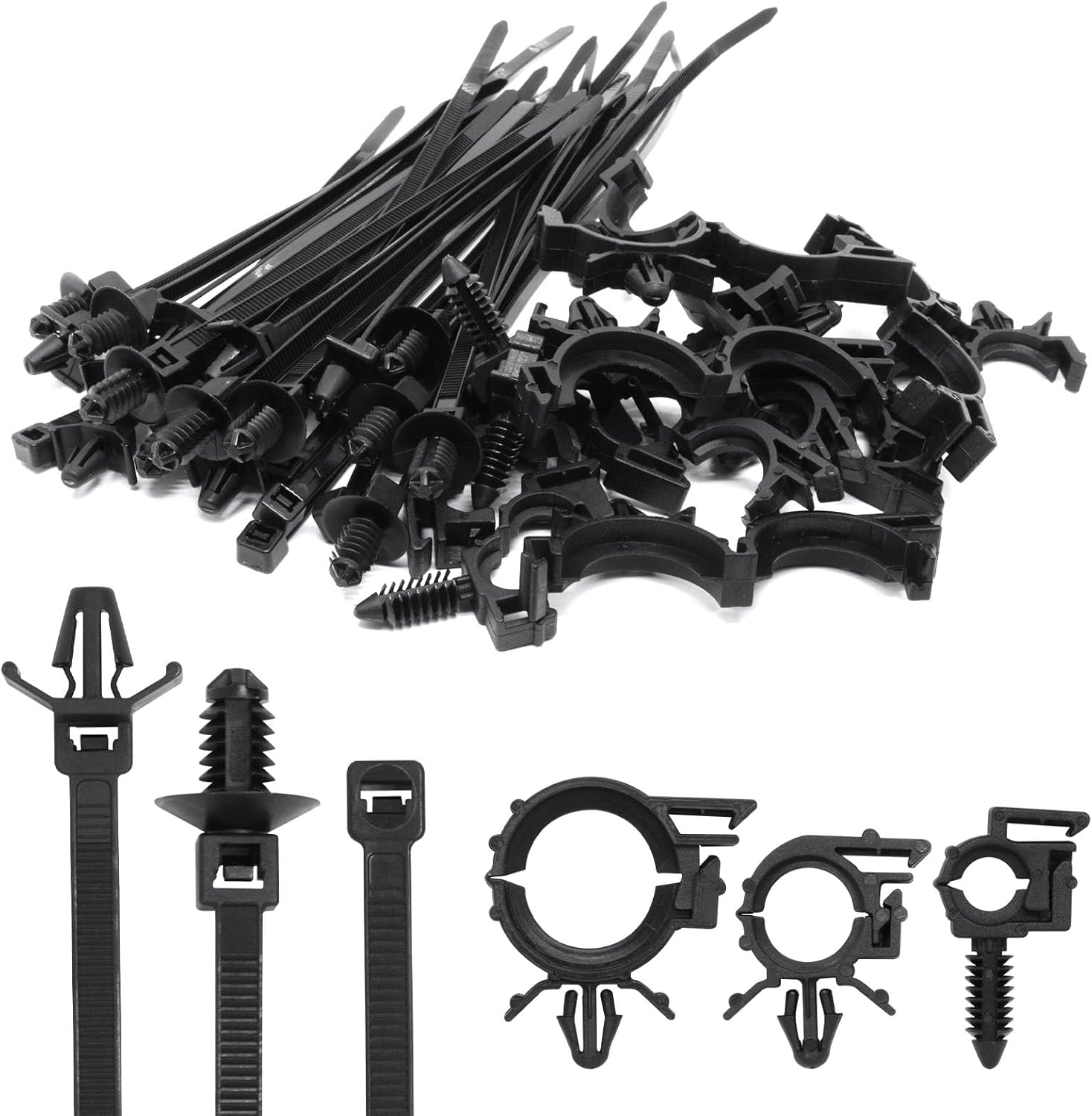 45Pcs Push Mount Cable Zip Tie with Car Wire Loom Routing Clips Assortment, Universal Nylon Self Locking Straps Replacement Parts for Trucks Cars Engine Bay