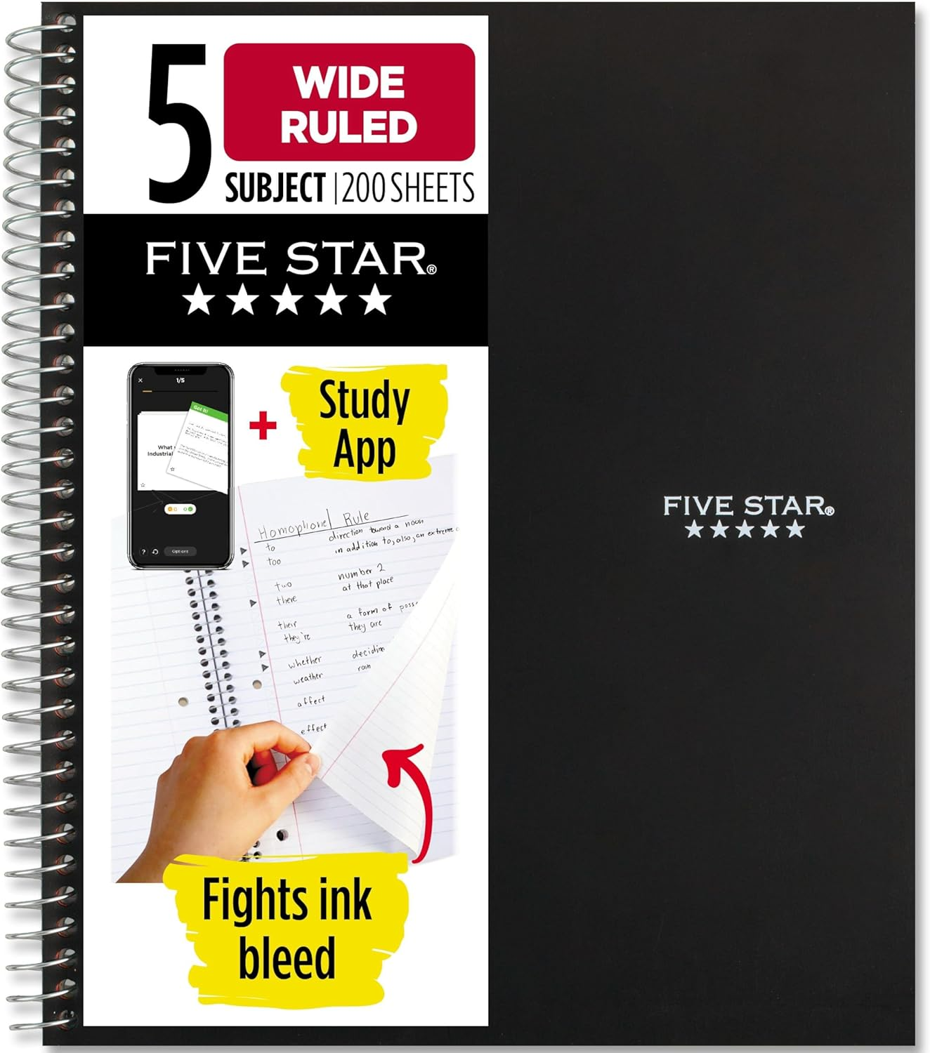 Five Star Spiral Notebook + Study App, 5 Subject, Wide Ruled Paper, 8