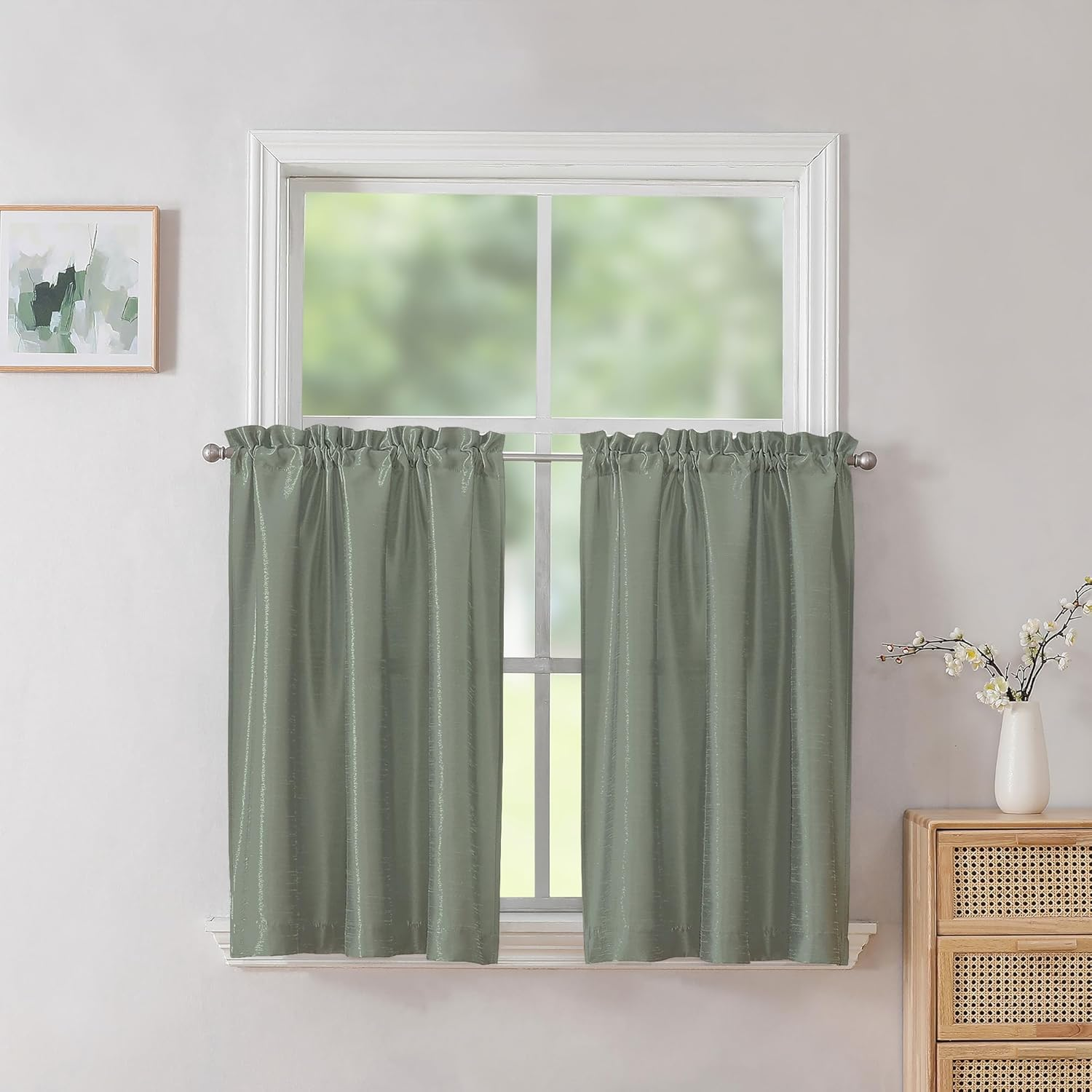 Uptown 2PCS Sage Green Kitchen Tier Curtains 36 Inch Length, Faux Silk Room Darkening Soft Lightweight Short Cafe Curtains for Farmhouse Bathroom Bedroom Small Windows, Each 30Wx36L Inch