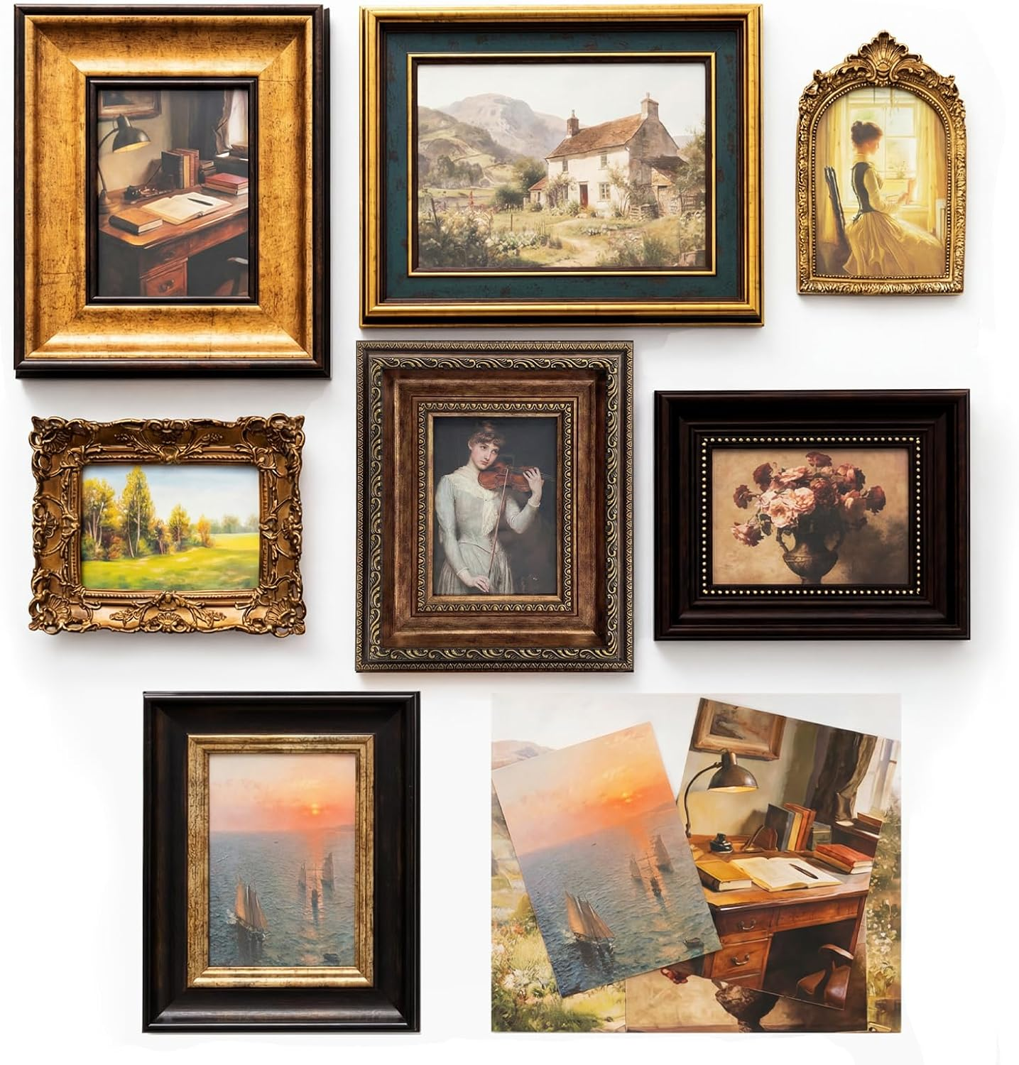 Vintage Picture Frames for Gallery Wall Frame Set, 7 Pcs Assorted Ornate Antique Photo Frames with High Definition Glass or Acrylic, Resin Baroque Decor for Tabletop & Wall Display (Included Art Prints)