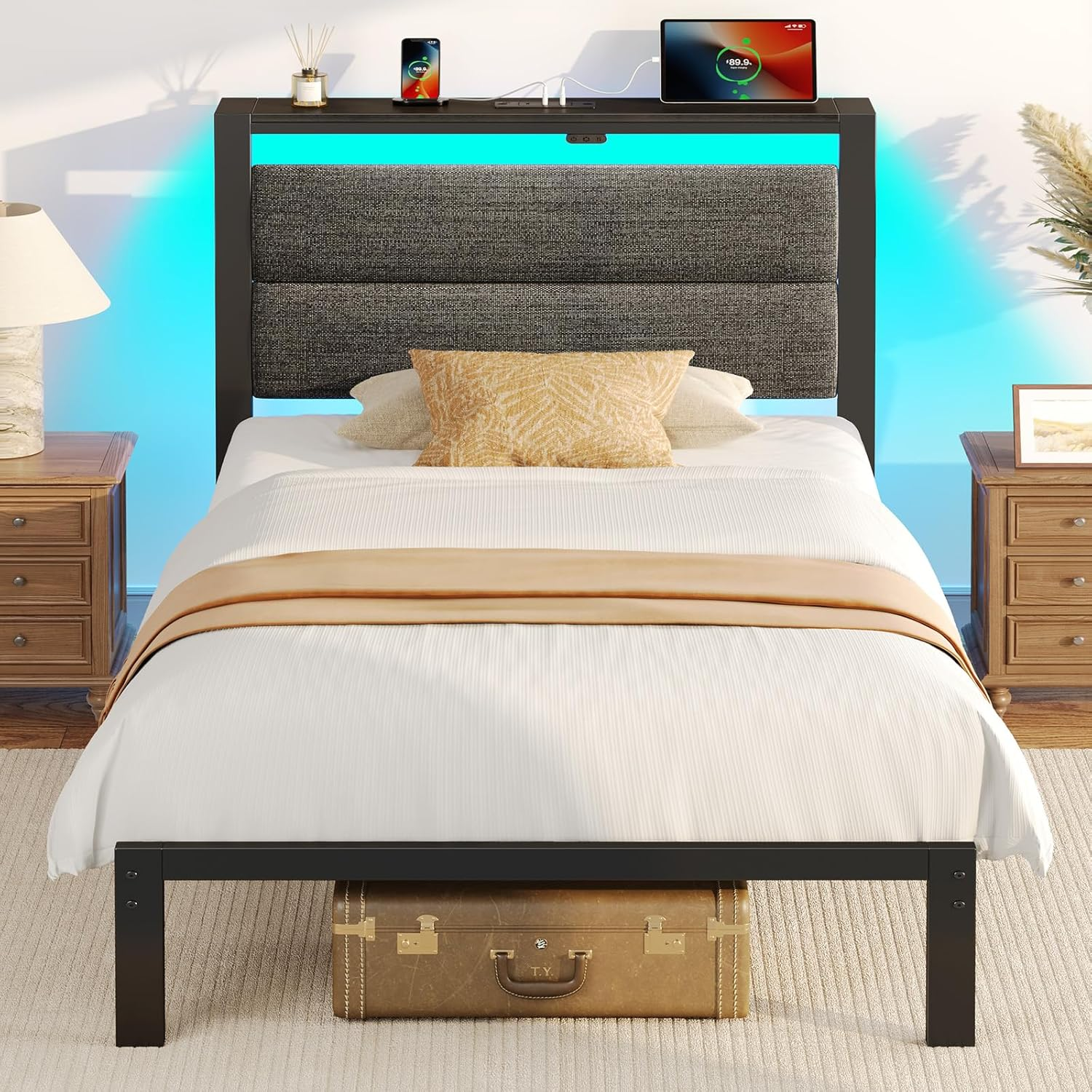 Bed Frame Twin Size with Charging Station, LED Twin Bed Frame with Upholstered Storage Headboard, Platform Bed with Metal Slats & under Bed Storage, No Box Spring Needed, Noise Free, Grey