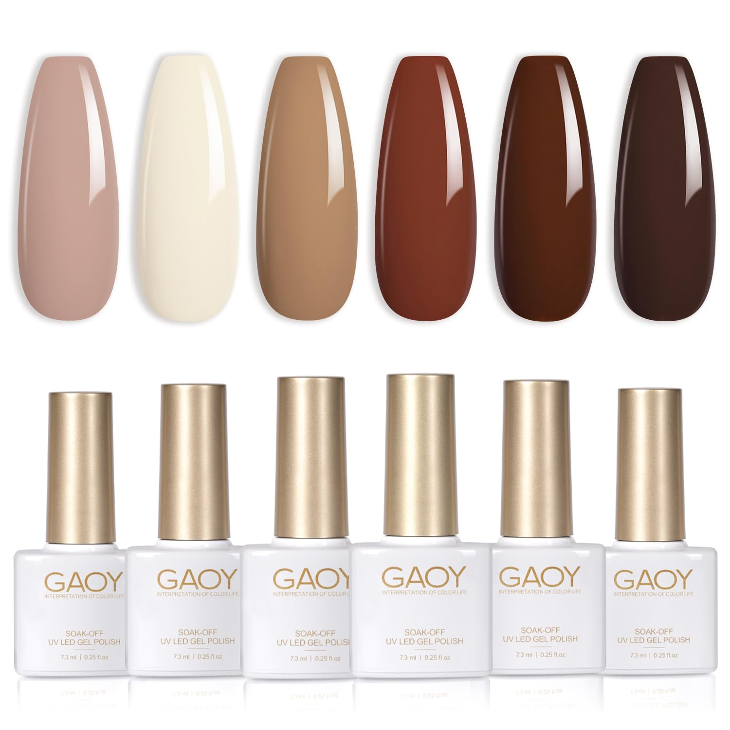Nude Brown Fall Gel Nail Polish Set, 6 Colors White Beige Dark Tan Taupe Soak off UV Light Cure Gel Polish Kit for Salon and Nail Art DIY at Home