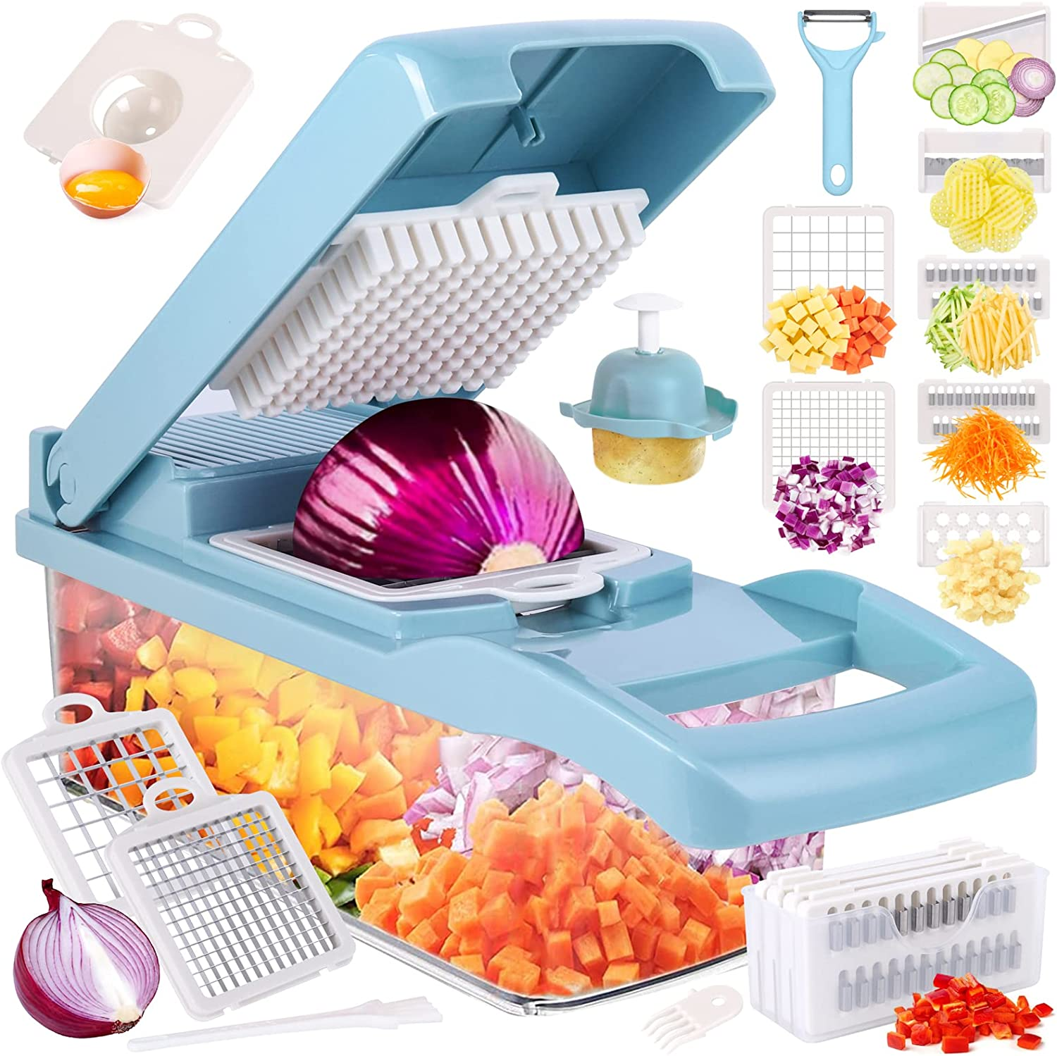 Vegetable Chopper, Pro Onion Chopper, 14 in 1Multifunctional Food Chopper, Kitchen Vegetable Slicer Dicer Cutter,Veggie Chopper with 8 Blades,Carrot and Garlic Chopper with Container(Blue)