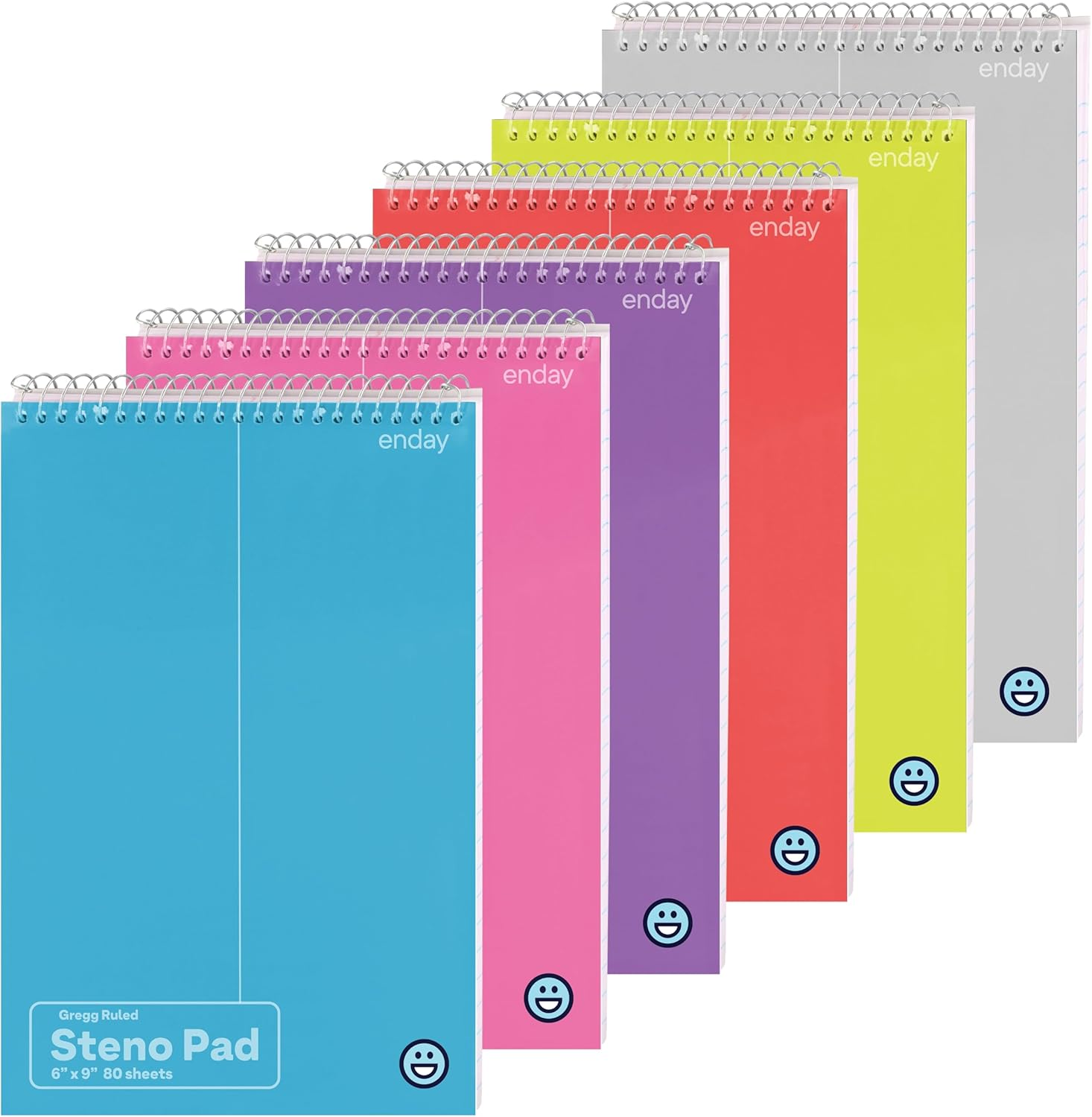Steno Pads Spiral 6 Pack, 6 X 9, 80 Sheets White Paper, Gregg Rule, Steno Notebook for Writing, Assorted Colors, Pink, Purple, Green, Blue, Red, Grey
