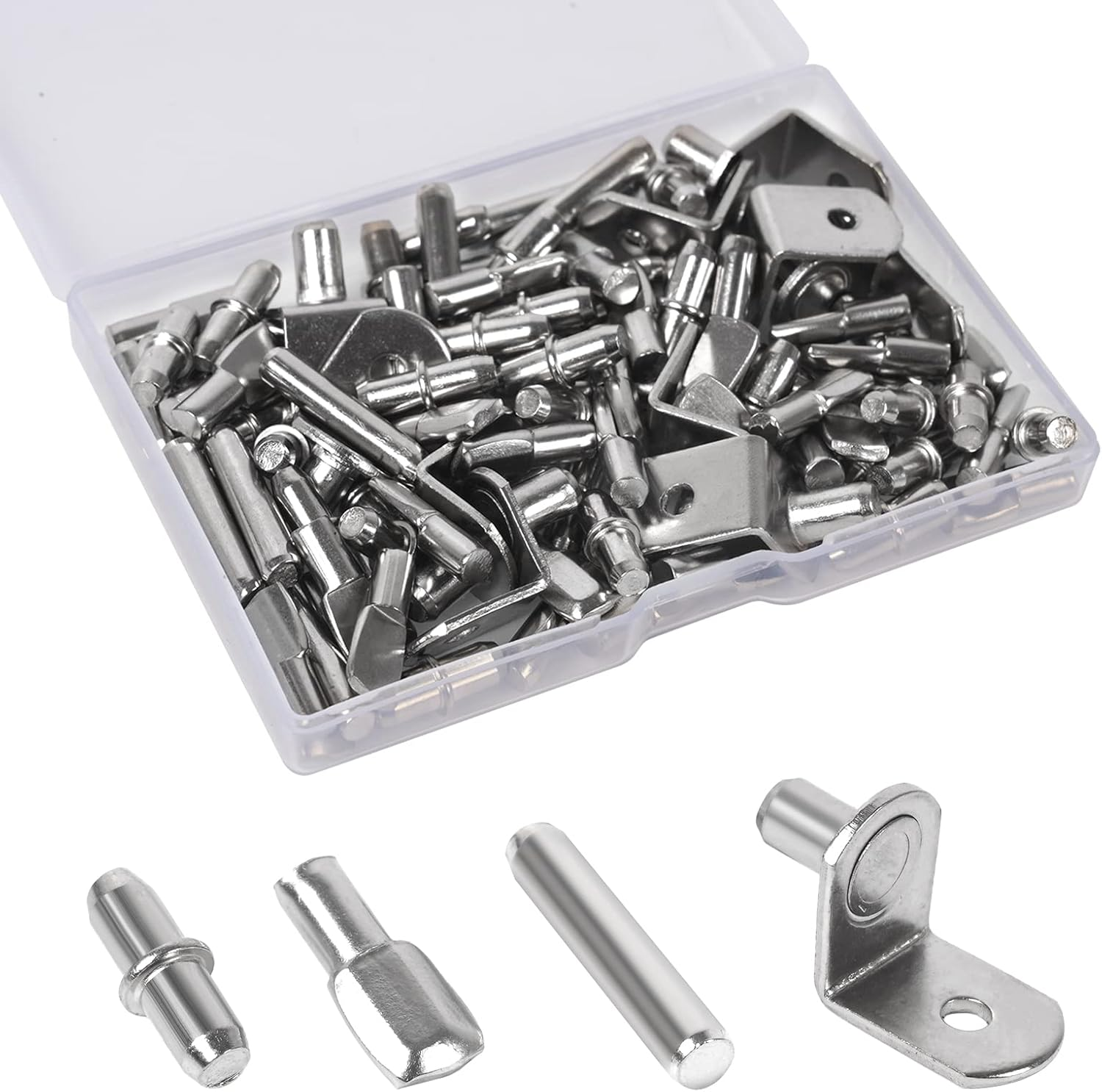 100Pcs Shelf Pegs for Shelves, 4 Styles Shelf Pins Kitchen Cabinet Shelf Pegs, Nickel Plated Shelf Holders Pegs, Bookshelf Pegs for Shelves, Metal Shelf Support Pegs & Pins (5Mm & 6Mm)…