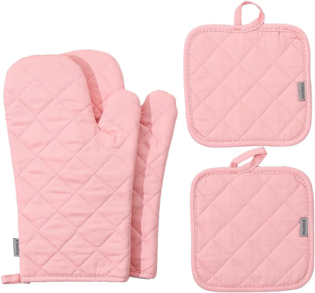 Oven Mitts and Pot Holders 4 pcs Set,High Heat Resistant 500 Degree Extra Thicken Long Kitchen Cotton Oven Glove for Cooking (12 Inch,Pink)…