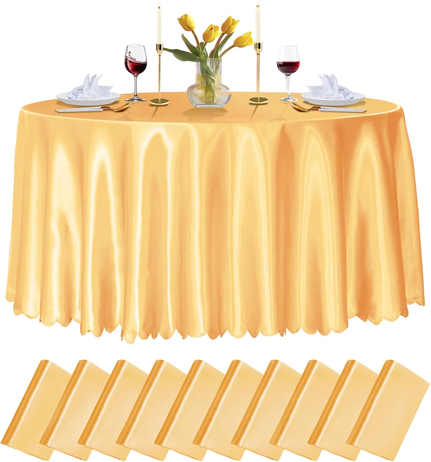 10 Pack 90 Inch Gold round Satin Tablecloths round Satin Table Cloths, Overlay Silky Tablecloths Dining Table Covers for Wedding, Party, Banquet, Events, Reception, Dinner