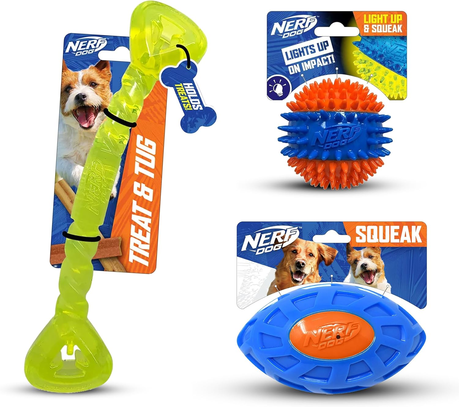 Toy Gift Set, 3-Piece Set of Outdoor Dog Toys for Tug and Fetch, Includes Spike Squeak Ball, Treat Tug Bone and Exo Squeak Football