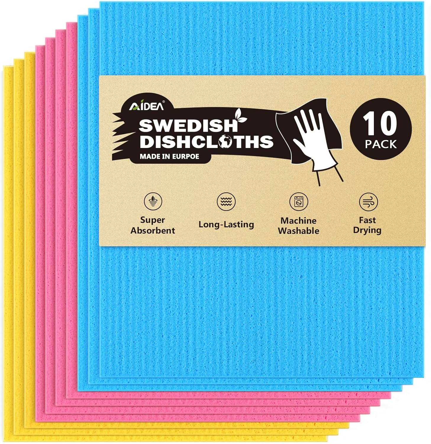 Swedish Dish Cloth, 10PK, Swedish Dishcloths for Kitchen, Reusable Paper Towels Washable, Sponge Cloths Kitchen, Absorbent Dish Rags, Dish Towels Cloth, 7