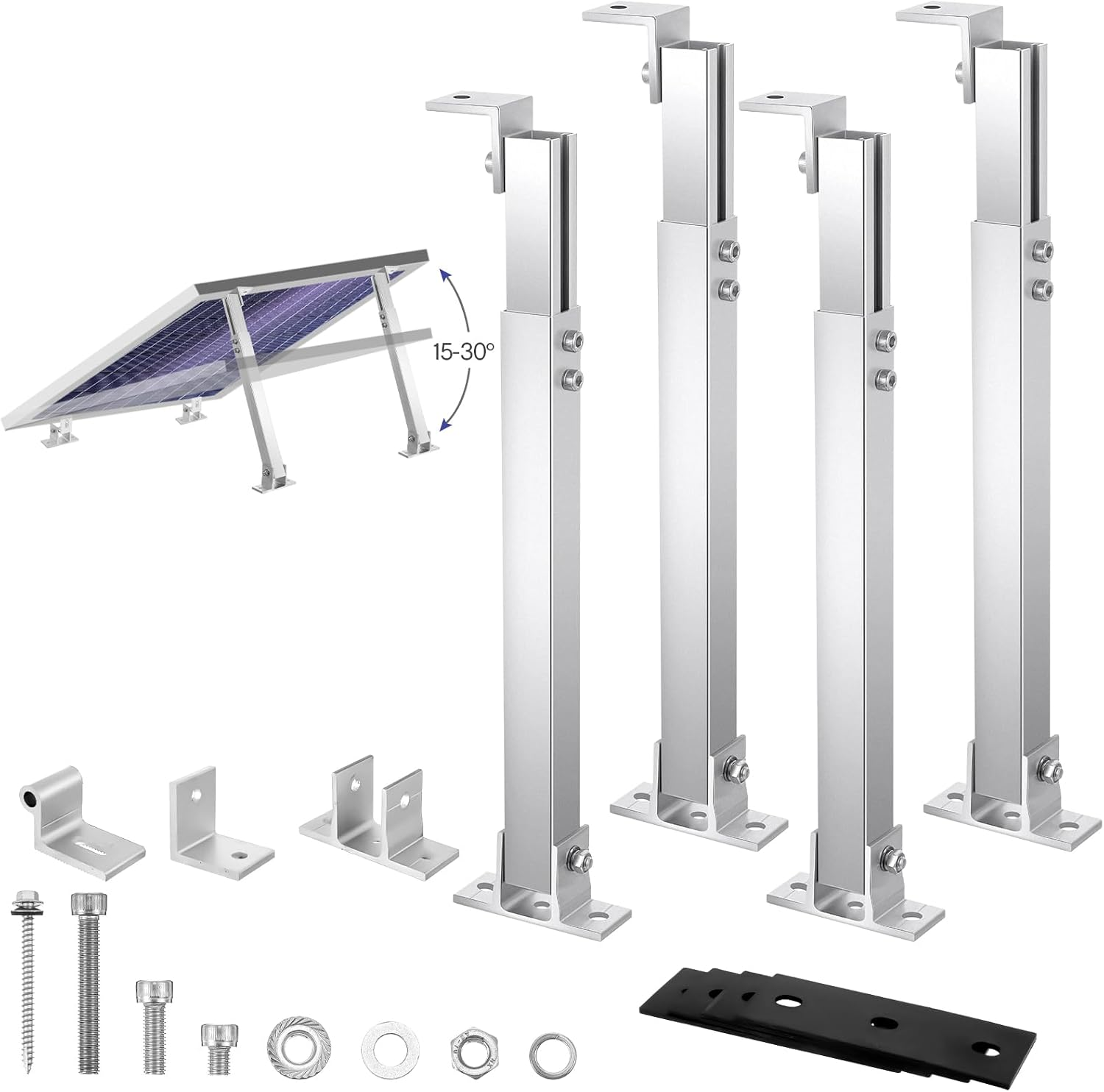 4 Pcs Solar Panel Stand Mounting Kit, Adjustable 15-30° Solar Plate Stand Tilt Mount Brackets Aluminum Alloy Mounting Bracket Support 50W 100W 150W 200W 300W Panel for Metal Tin Flat Roof Plate