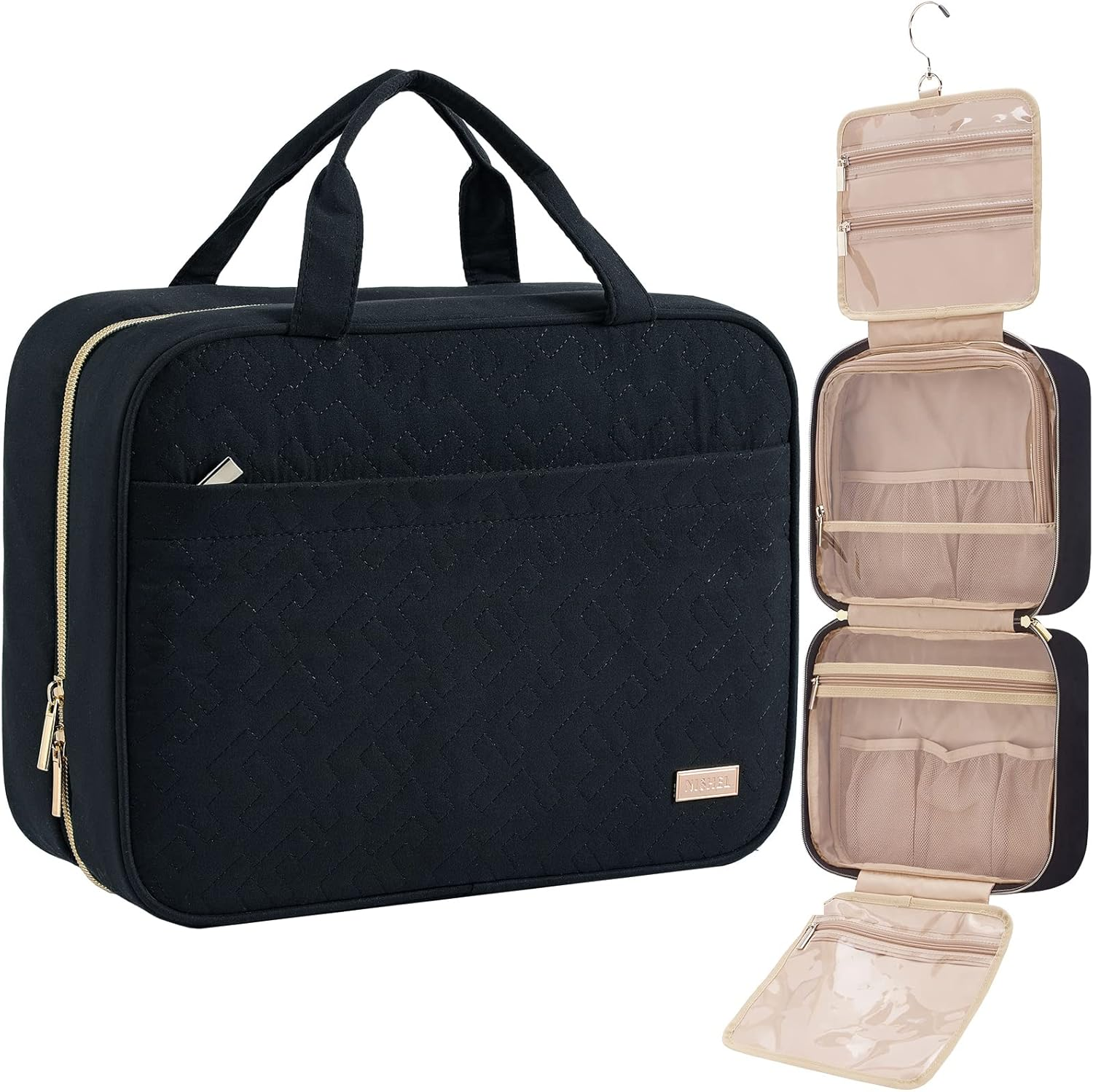 Travel Toiletry Bag for Women, Portable Hanging Organizer for Full-Sized Shampoo, Conditioner, Brushes Set, Makeup Accessories, Large Size, Black