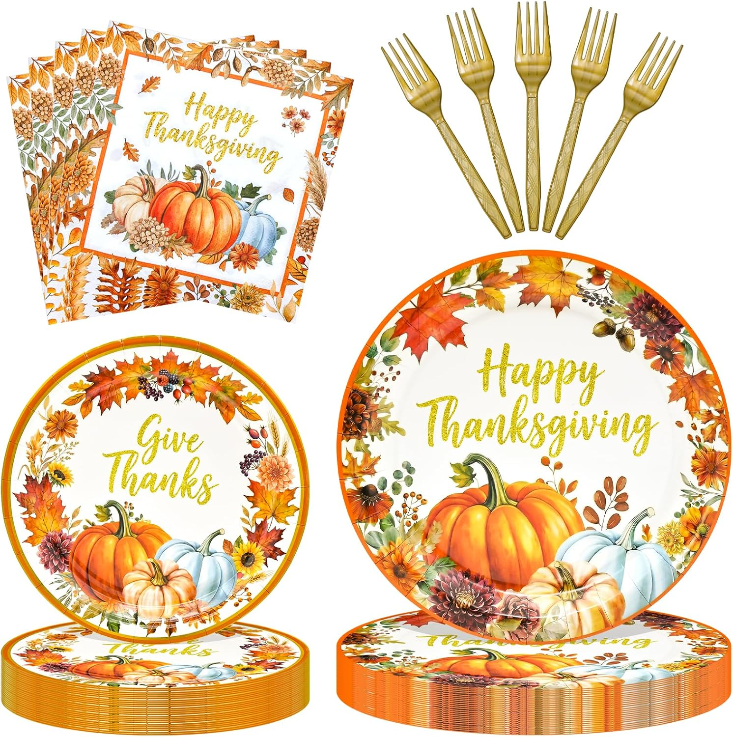 100 Pieces Thanksgiving Party Tableware Set – Pumpkin Disposable Plates, Napkins and Gold Forks, Happy Thanksgiving Fall Harvest Party Supplies for Friendsgiving, Family Dinner and Autumn Decorations