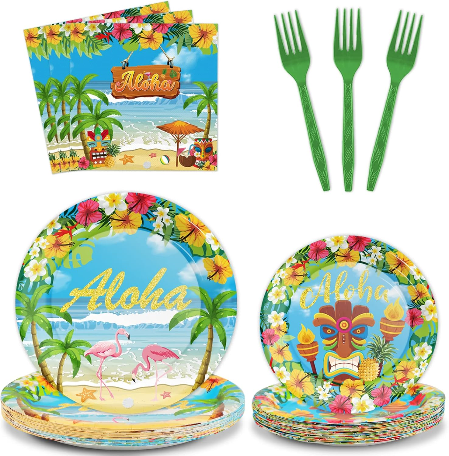Tevxj 96PCS Hawaiian Aloha Tableware Set Luau Tropical Dinnerware Disposable Plates Beach Theme Party Plates Napkins Forks for Summer Pool Tropical Birthday Party Decorations Supplies 24 Guests