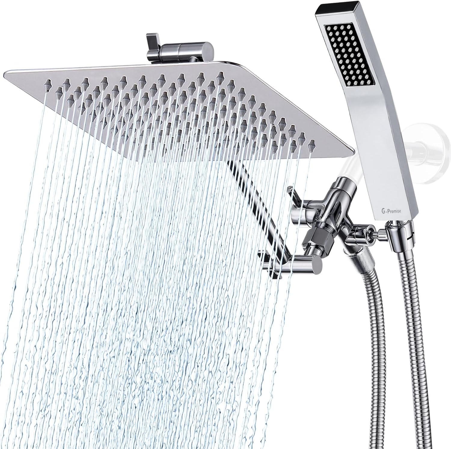 G-Promise All Metal 8 Inch Dual Square Shower Head with Handheld Spray Combo, Rain Shower Head, Adjustable Extension Arm, Smooth 3-Way Diverter, 71 Inch Extra Long Hose - a Bathroom Upgrade (Chrome)