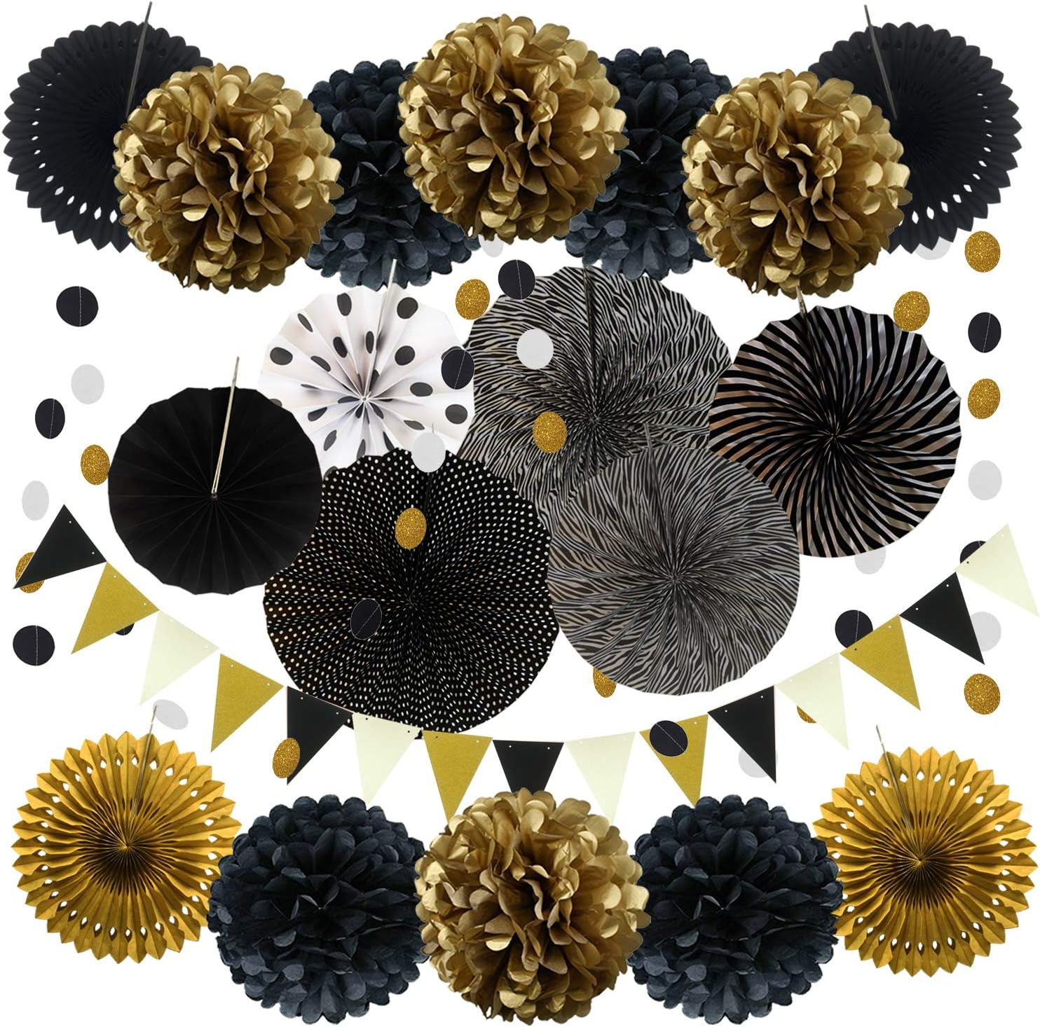 Party Decorations 21 Pcs Black Gold Paper Fans Pom Poms Garlands Bunting