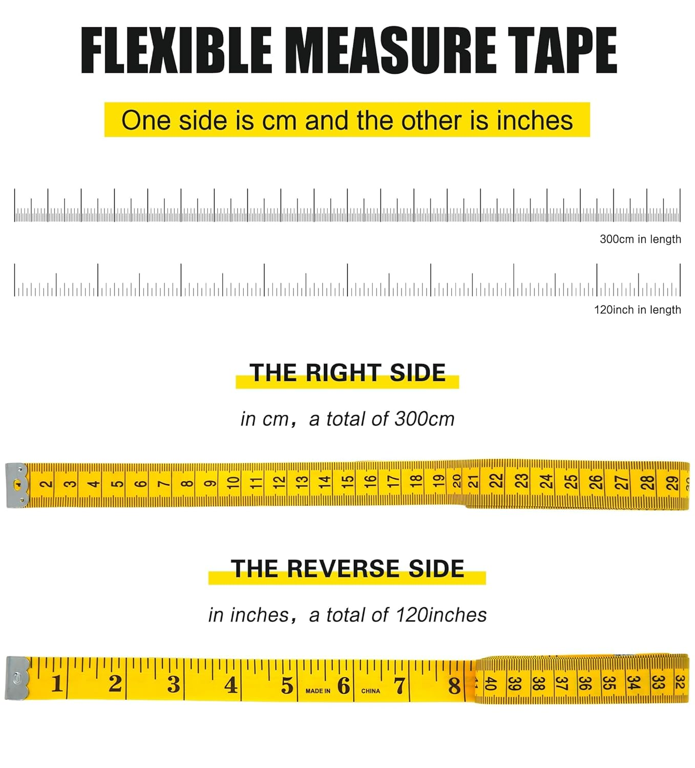 YBVABE 300cm Measuring Tape for Body, 2PCS Double Scale Soft Tape Measure Bod... - Picture 7 of 16