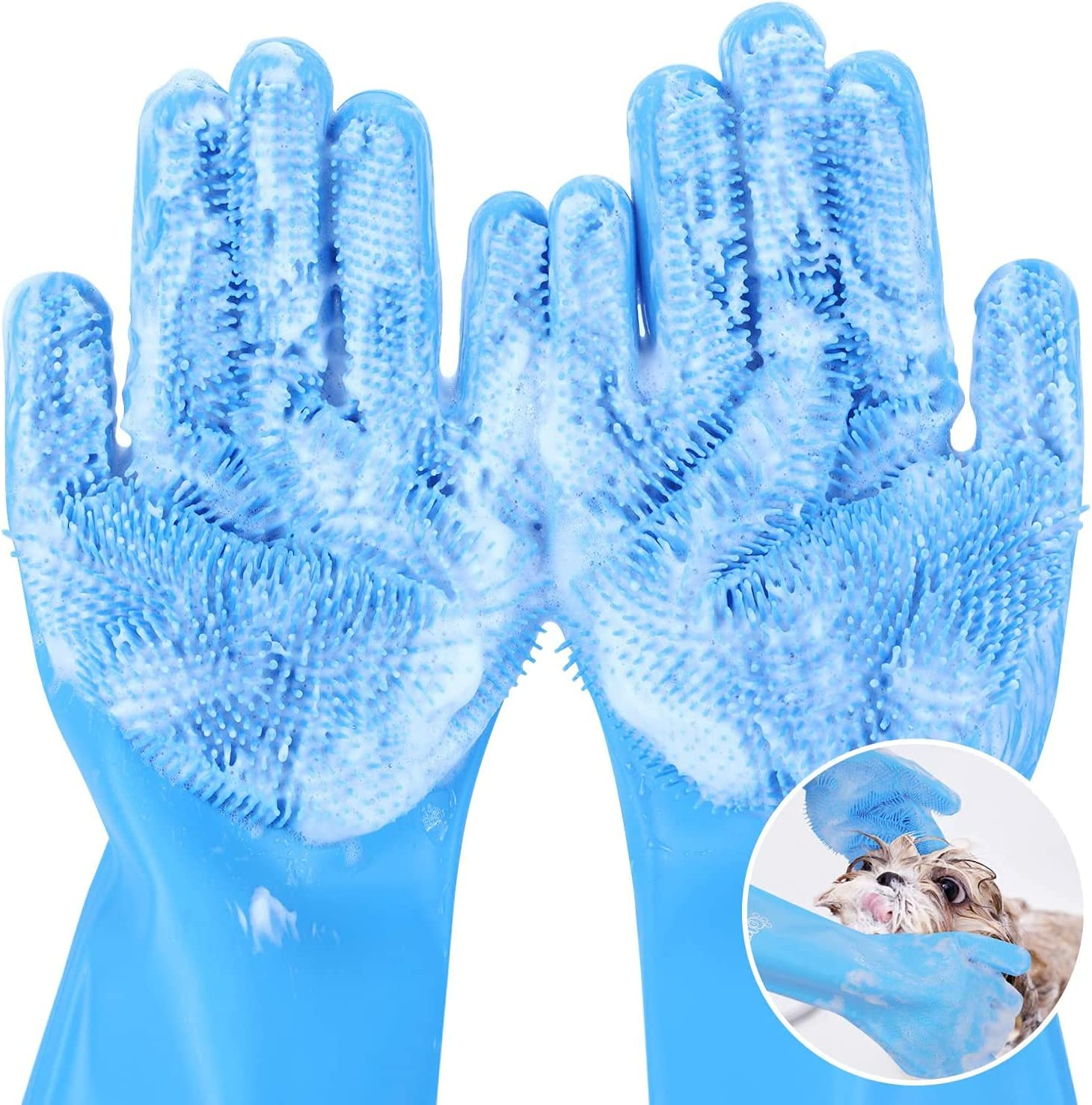 Pet Grooming Gloves, Heat Resistant Cat Bathing Gloves with High-Density Teeth, Silicone Dog Bathing Gloves with Enhanced Five Finger Design, Bathing and Massaging for Dogs and Cats Blue