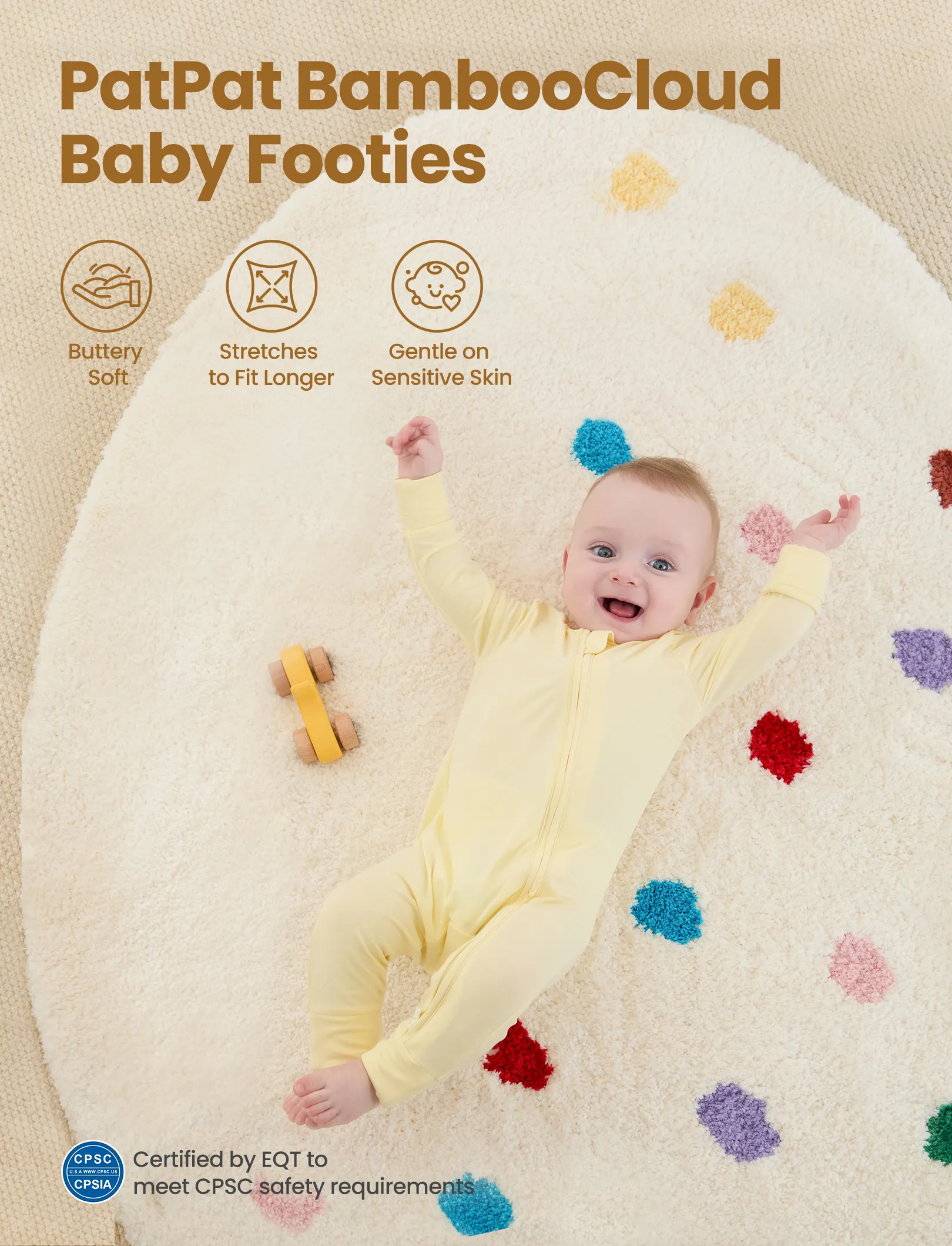 Bamboo 2-Pack Footies Baby Boy / Girl 2-Way Zipper anti Slip Long Sleeve Rompers Pale Yellow