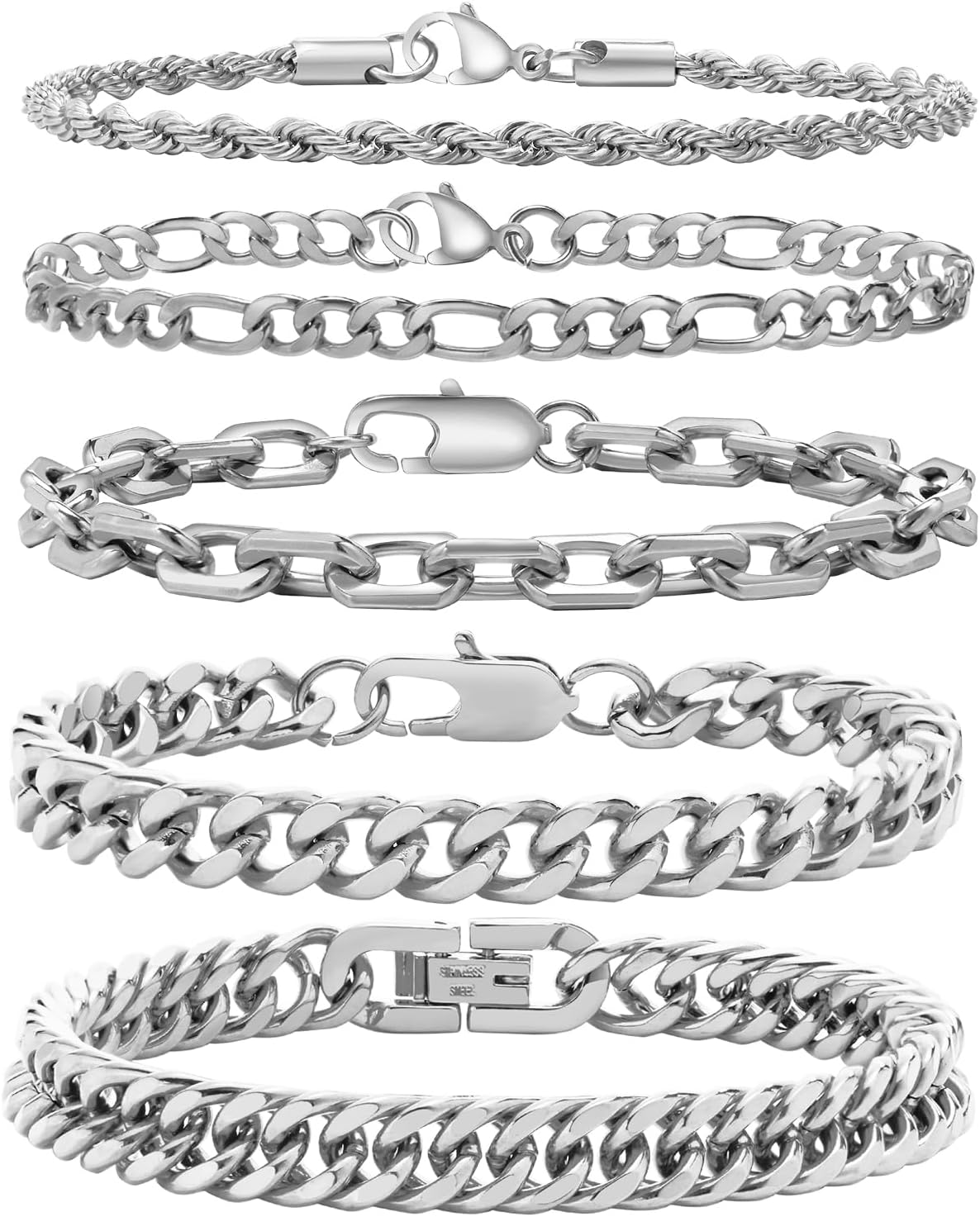 5/7 Pcs Chain Bracelet for Men Women - Sturdy Stainless Steel Curb Width Cuban Link Chain Bracelet Set for Men Women,6.5/7/7.4/8.2/9 Inches