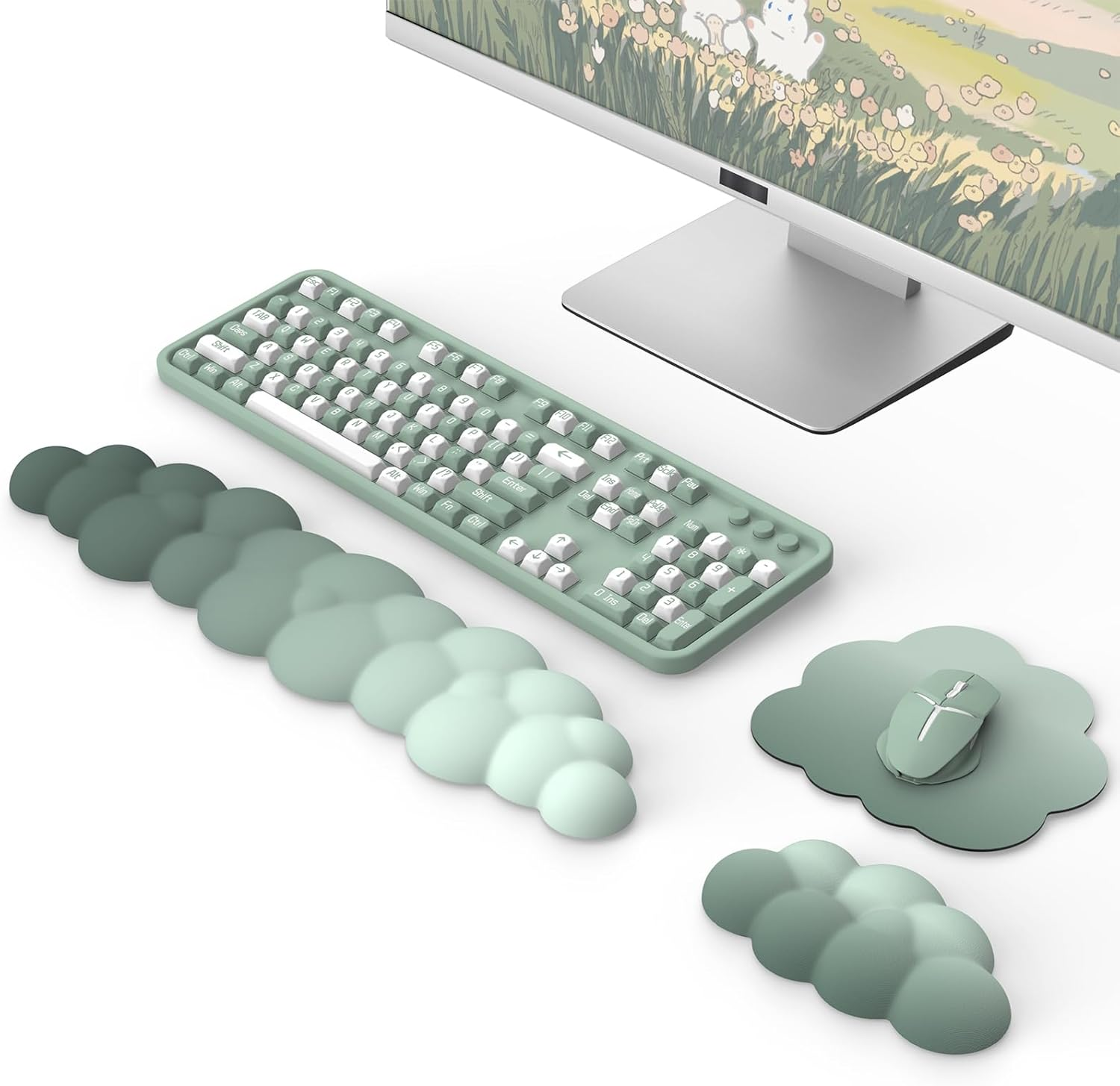 Cloud Wrist Rest, Ergonomic Cloud Keyboard Wrist Rest with Mouse Rest Wrist Pad, Durable Polyester Cloud Arm Rest Wrist Pad for Keyboard and Mouse for Office, Gaming, Computer, Laptop, Green