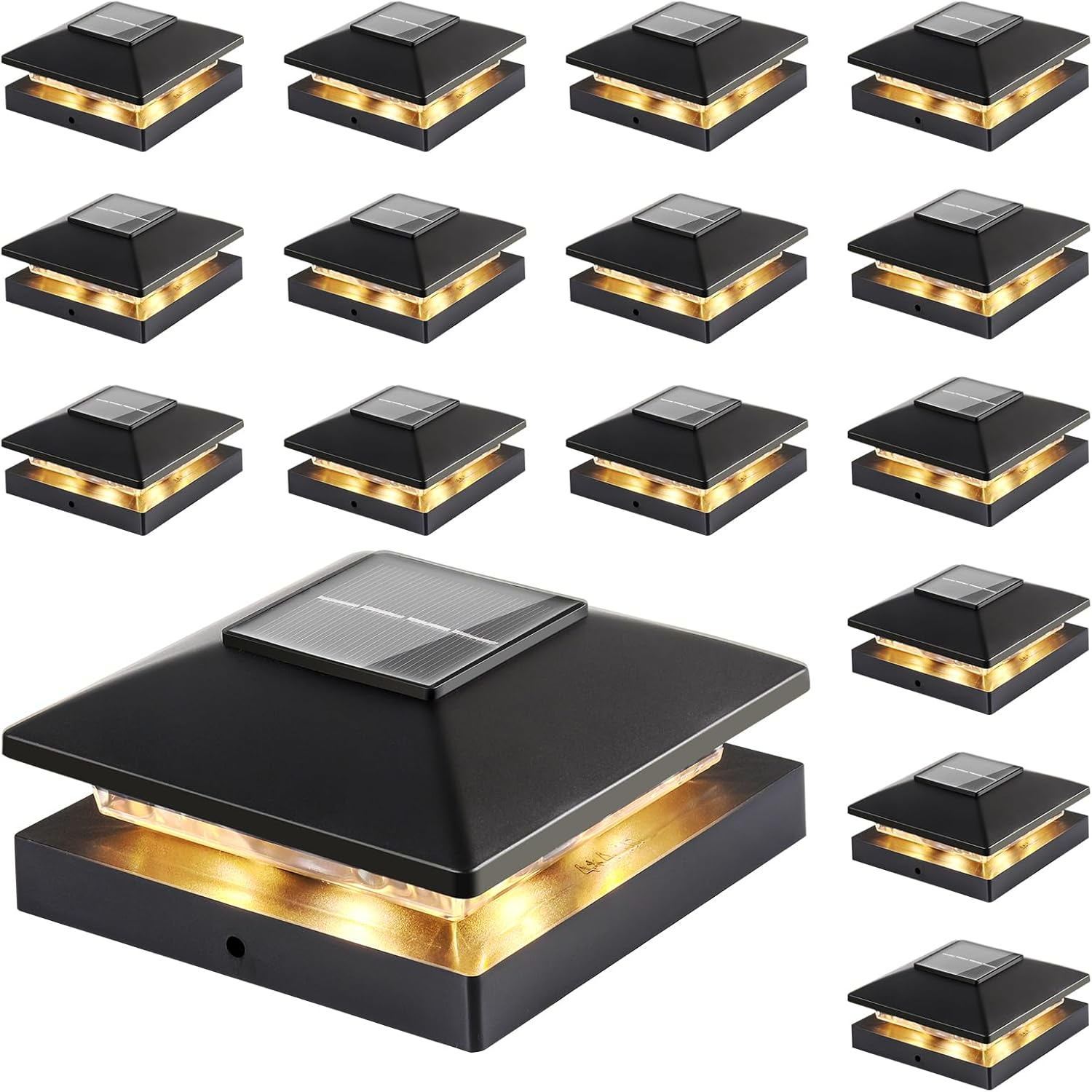 Solar Post Cap Lights Outdoor 16-Pack, Black Waterproof Solar Powered Deck Fence Lights Fit 4X4 Wood/Vinyl Posts, Bright Warm White for Patio, Porch