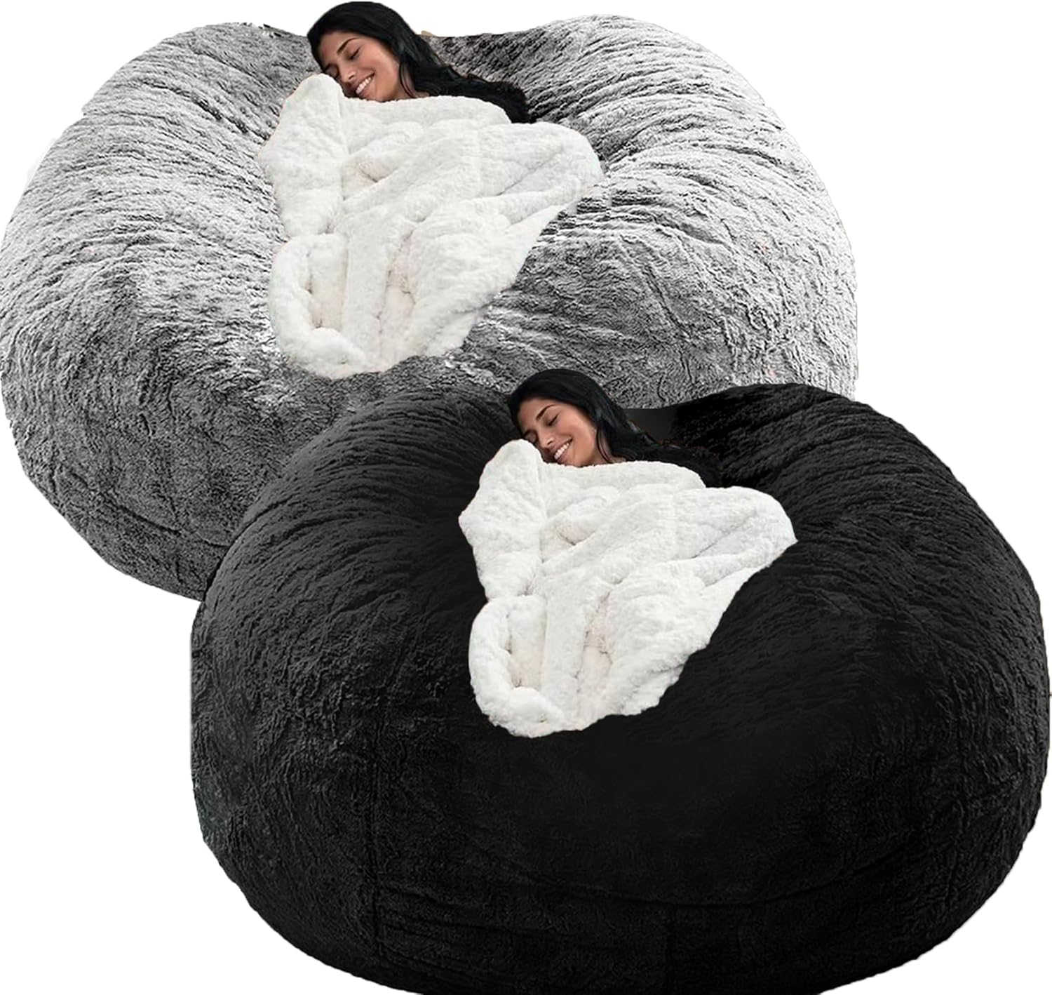 2Pcs Bean Bag Chair for Adults and Kids without Filler Giant Stuffed Animal Storage Cover Soft Faux Fur Floor Chair Cover for Bedroom Living Room